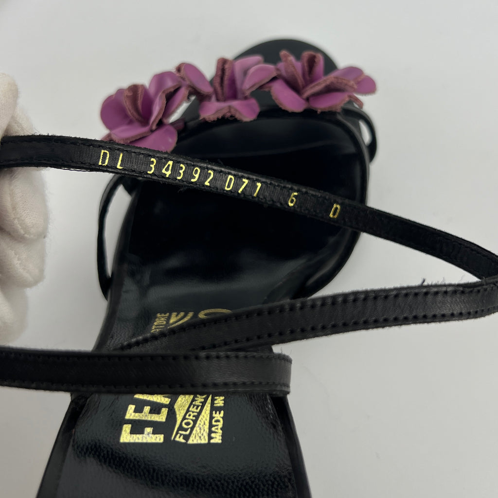 Ferragamo | Purple Flower Black Leather Strappy Sandal Heels (36)