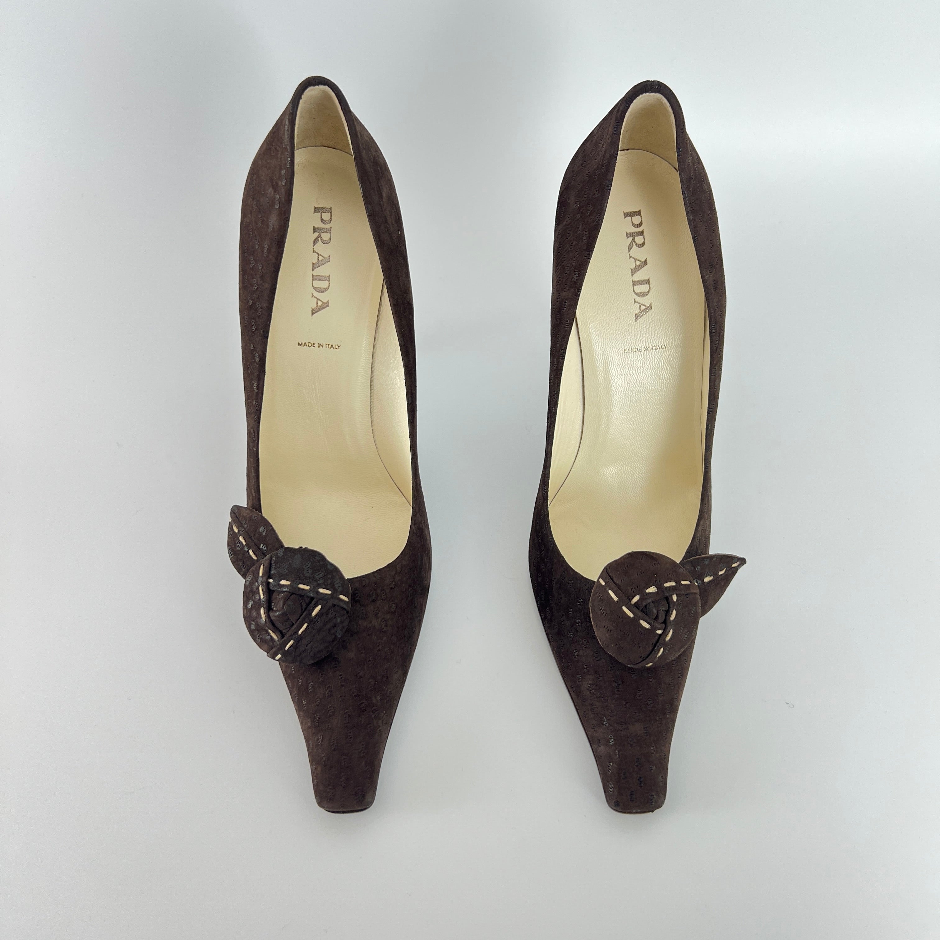 Prada | Vintage Brown Suede Leather Rose Detachable Pointed Toe Pumps (37)