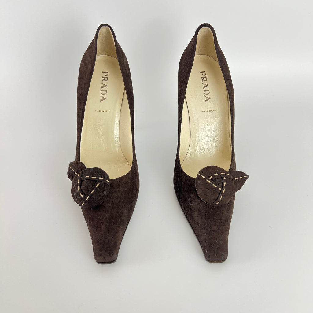 Prada | Vintage Brown Suede Leather Rose Detachable Pointed Toe Pumps (37)