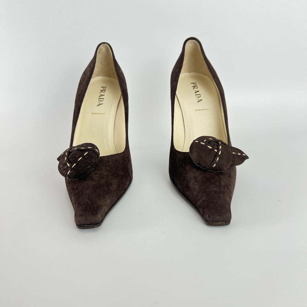Prada | Vintage Brown Suede Leather Rose Detachable Pointed Toe Pumps (37)