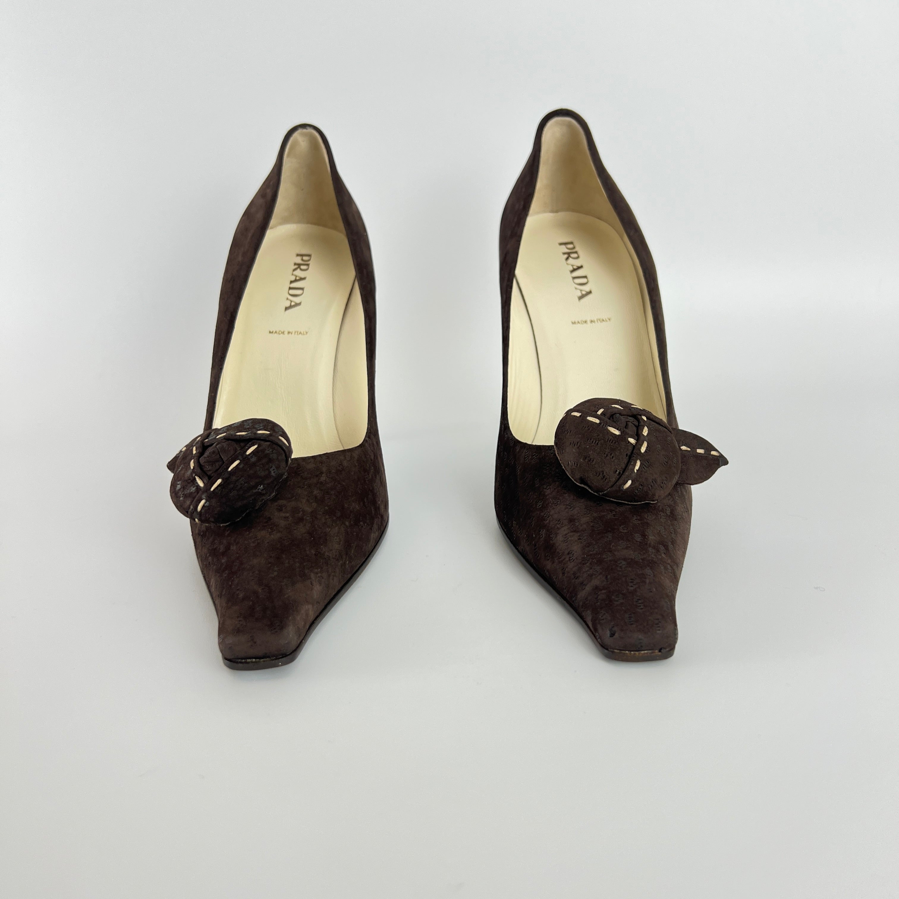 Prada | Vintage Brown Suede Leather Rose Detachable Pointed Toe Pumps (37)