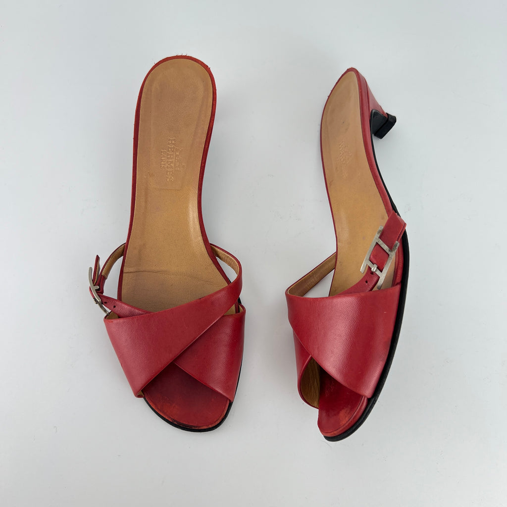 Hermes | Red Leather Silver H Buckle Kitten Heel Slide Mules (39)