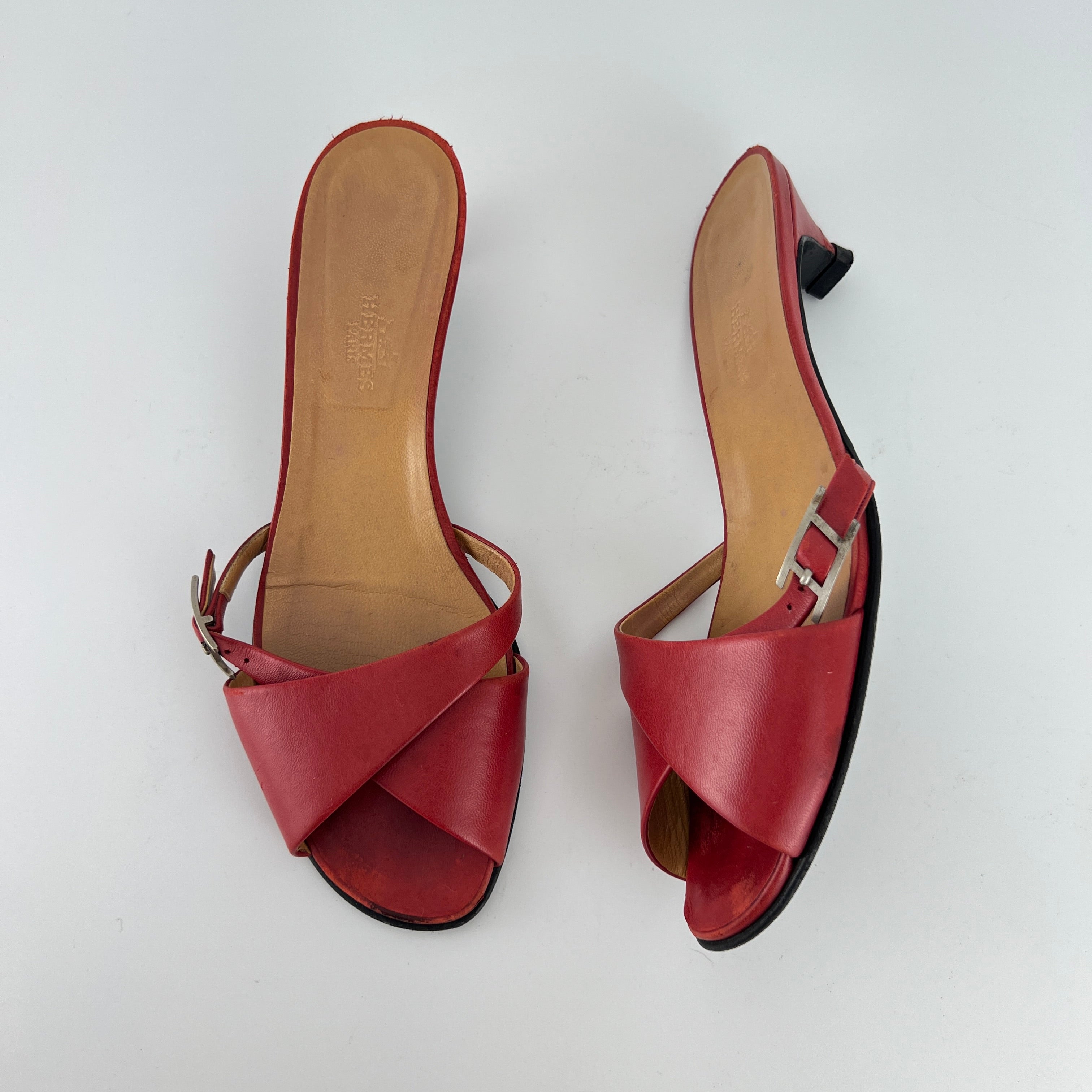 Hermes | Red Leather Silver H Buckle Kitten Heel Slide Mules (39)