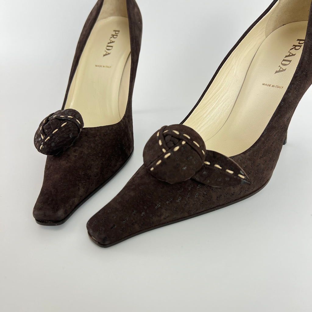 Prada | Vintage Brown Suede Leather Rose Detachable Pointed Toe Pumps (37)