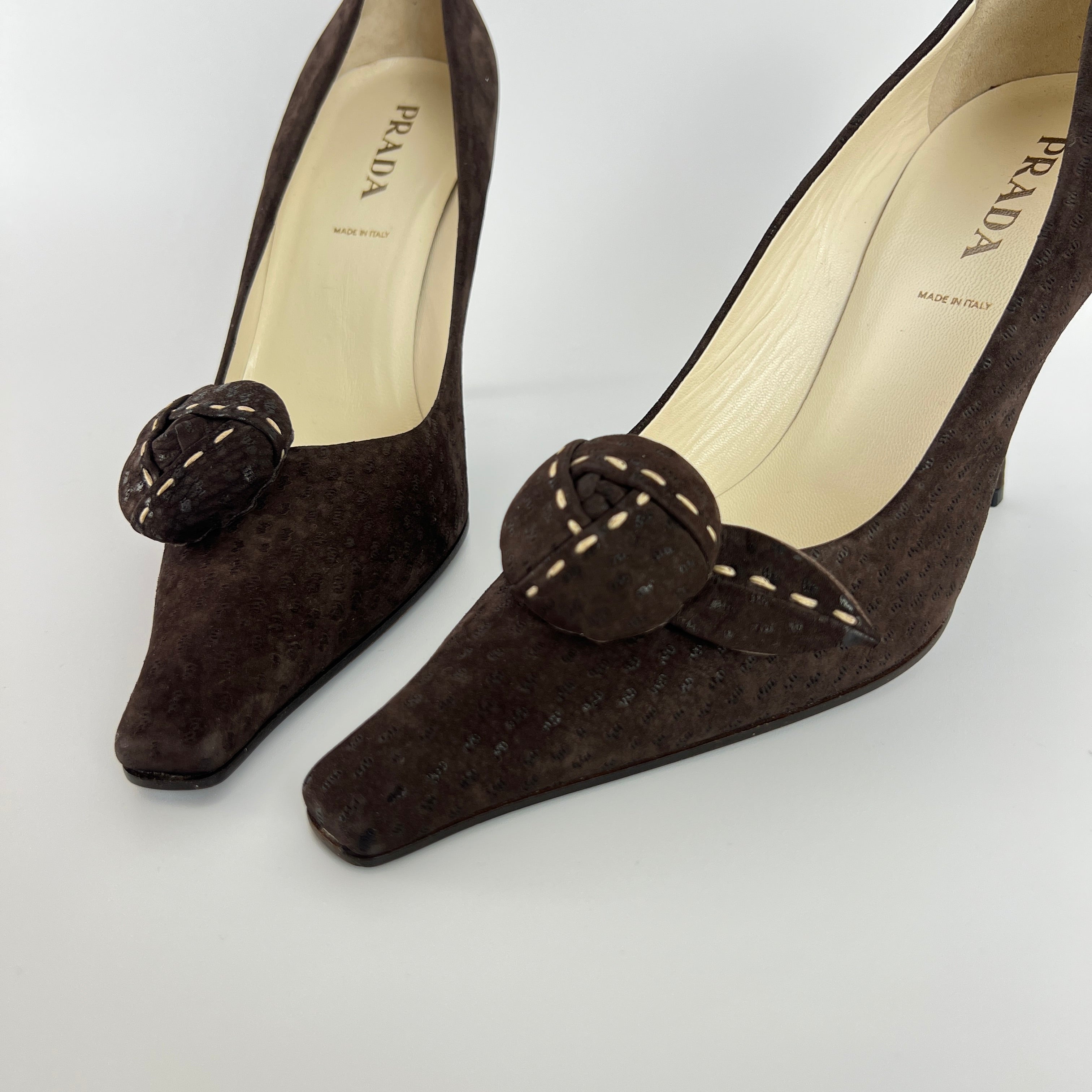 Prada | Vintage Brown Suede Leather Rose Detachable Pointed Toe Pumps (37)