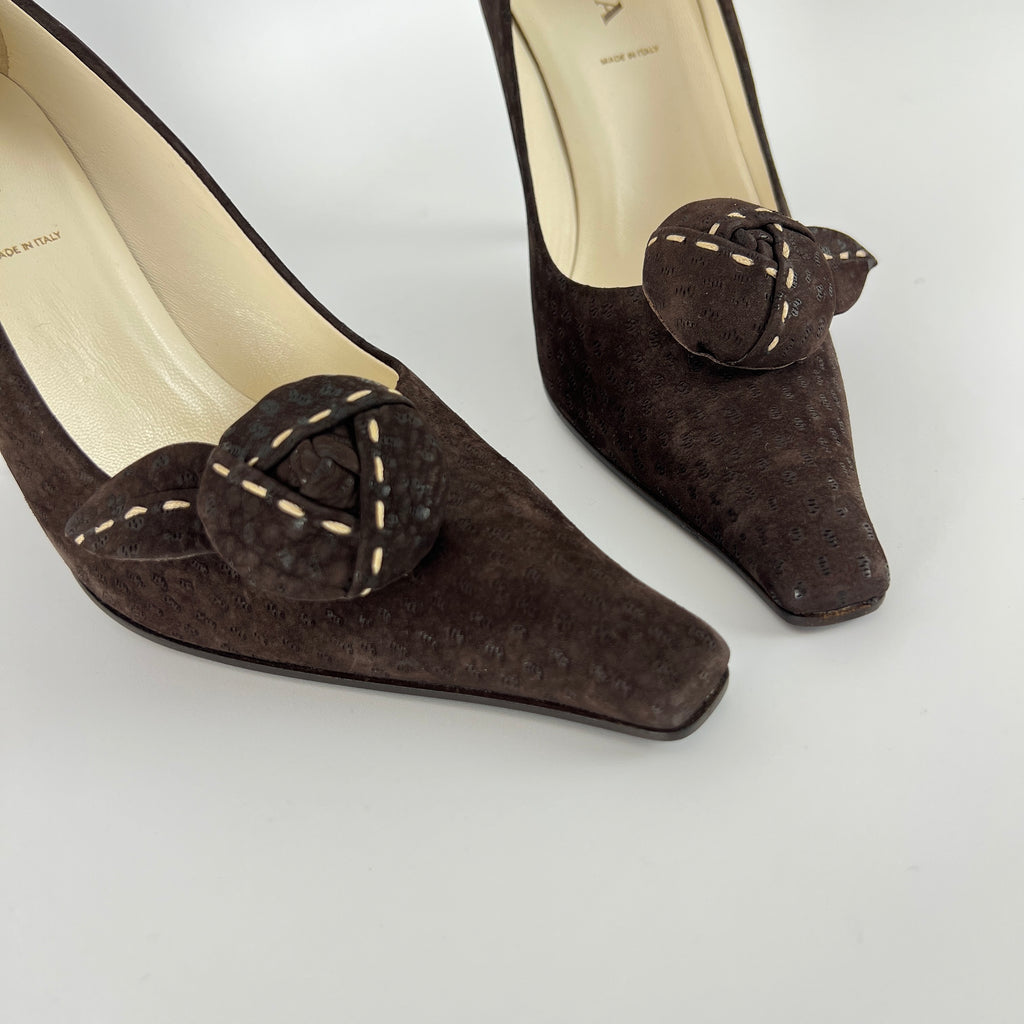 Prada | Vintage Brown Suede Leather Rose Detachable Pointed Toe Pumps (37)