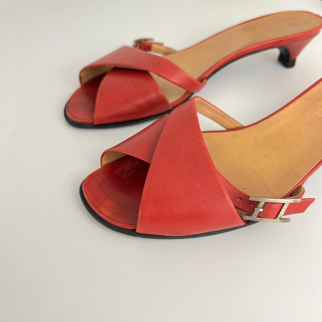 Hermes | Red Leather Silver H Buckle Kitten Heel Slide Mules (39)
