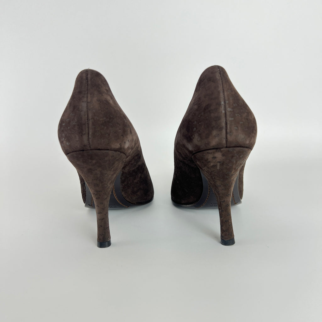 Prada | Vintage Brown Suede Leather Rose Detachable Pointed Toe Pumps (37)