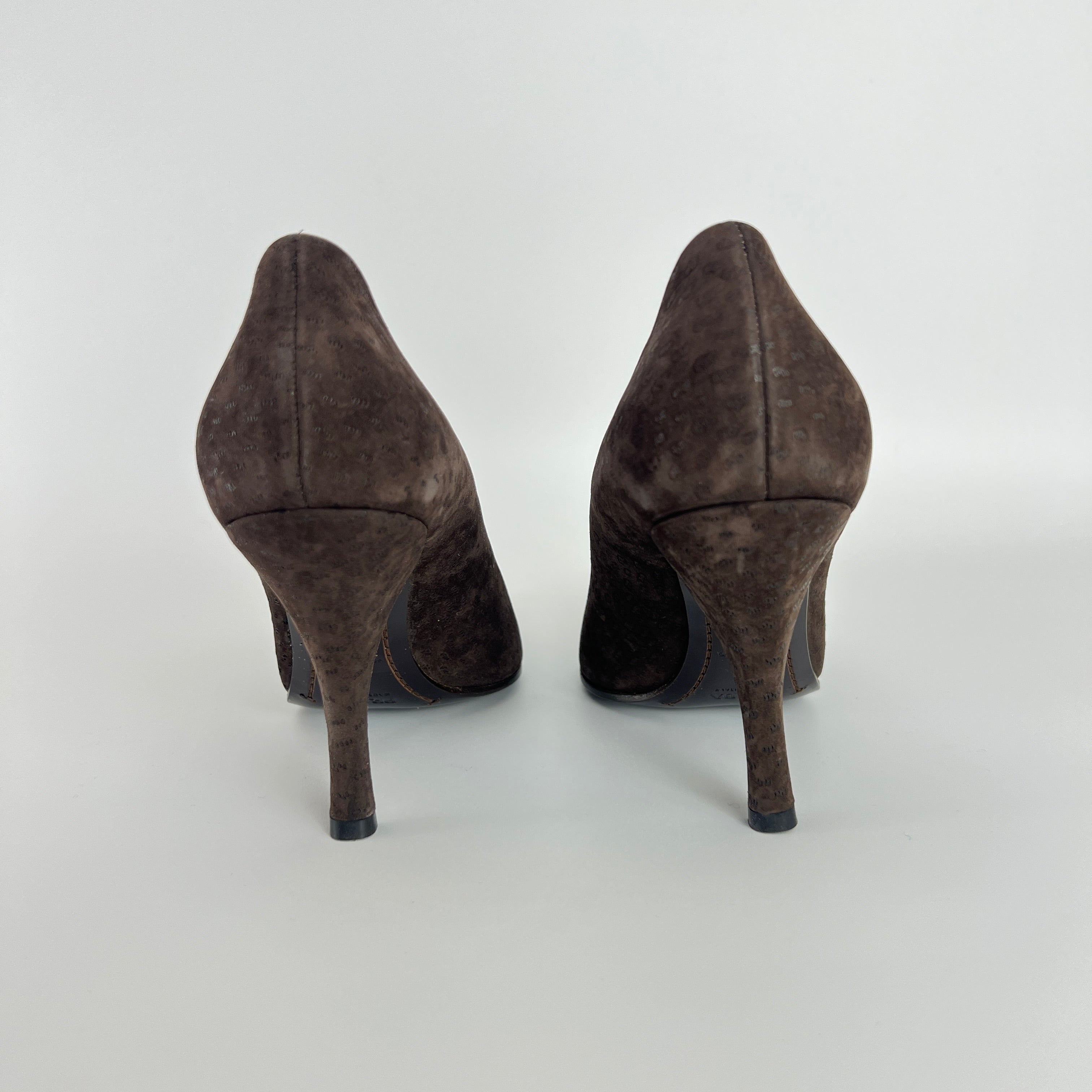 Prada | Vintage Brown Suede Leather Rose Detachable Pointed Toe Pumps (37)