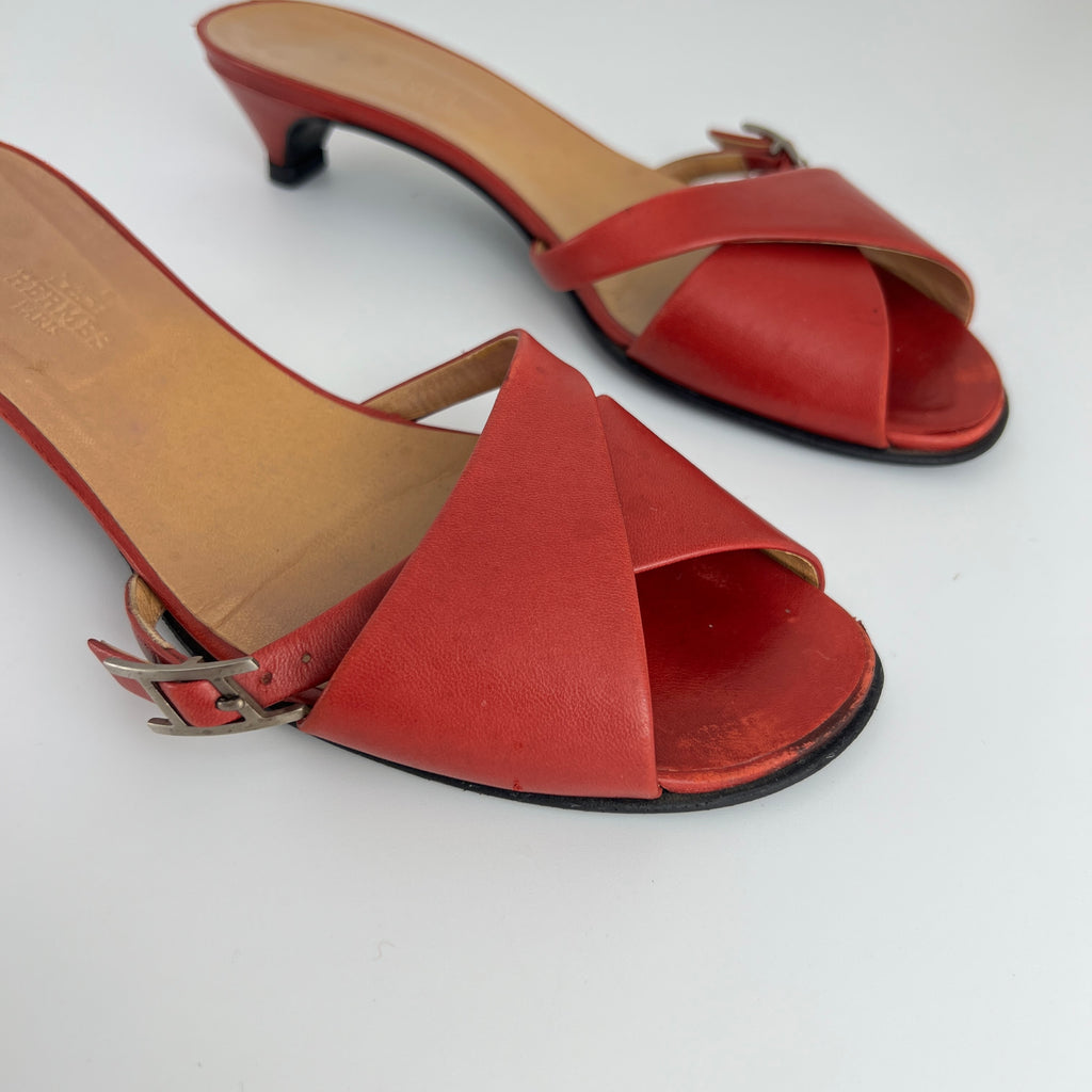 Hermes | Red Leather Silver H Buckle Kitten Heel Slide Mules (39)