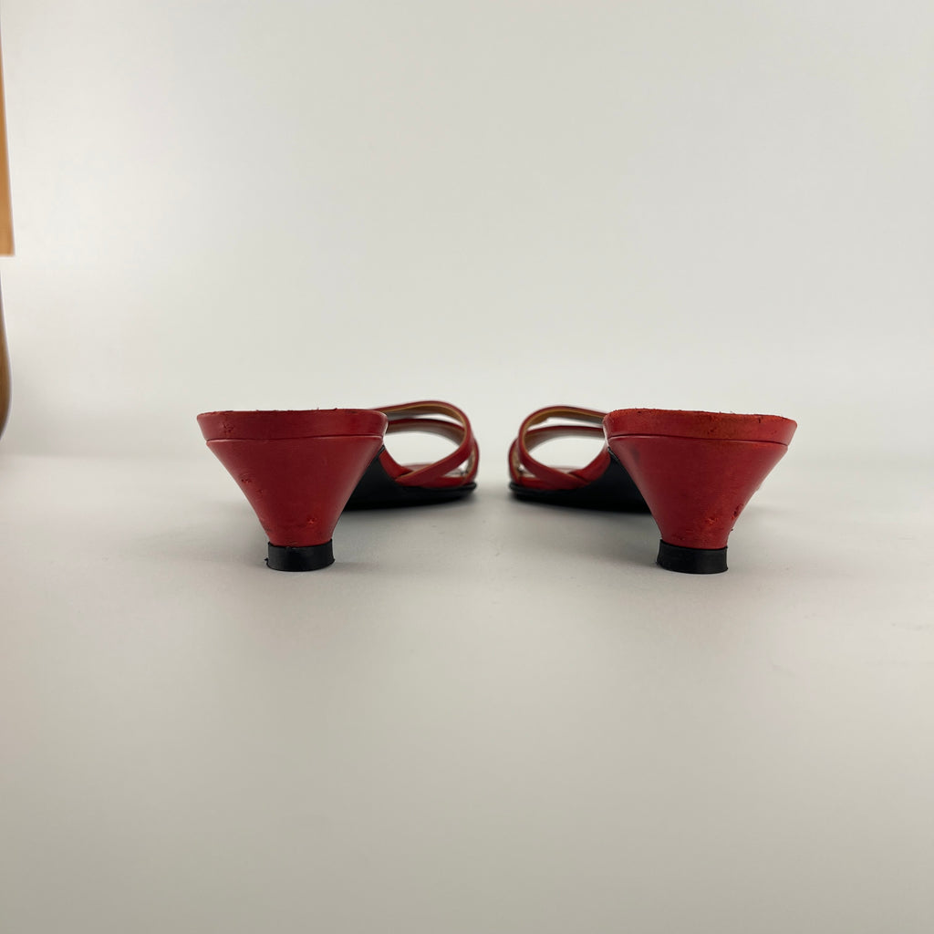 Hermes | Red Leather Silver H Buckle Kitten Heel Slide Mules (39)
