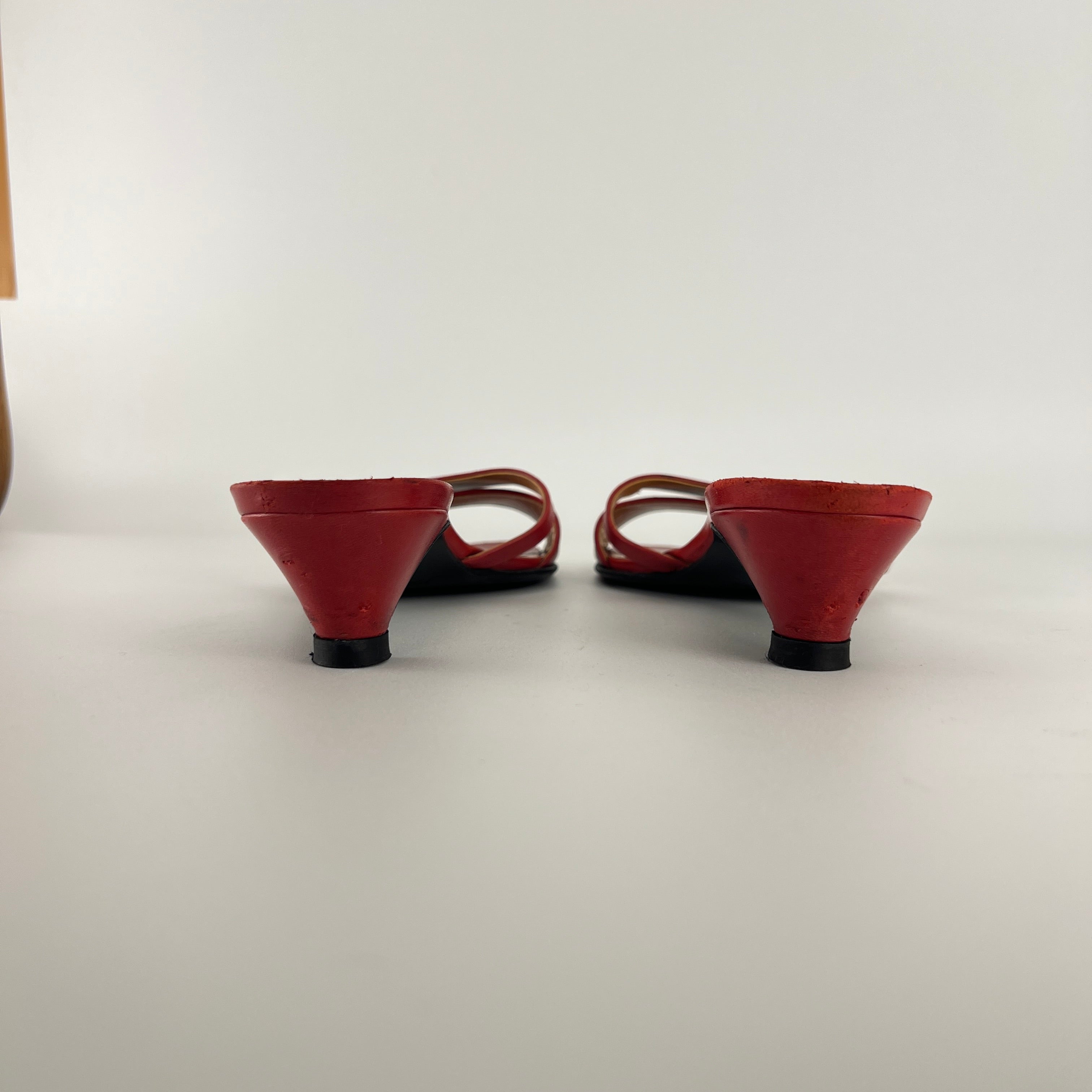 Hermes | Red Leather Silver H Buckle Kitten Heel Slide Mules (39)