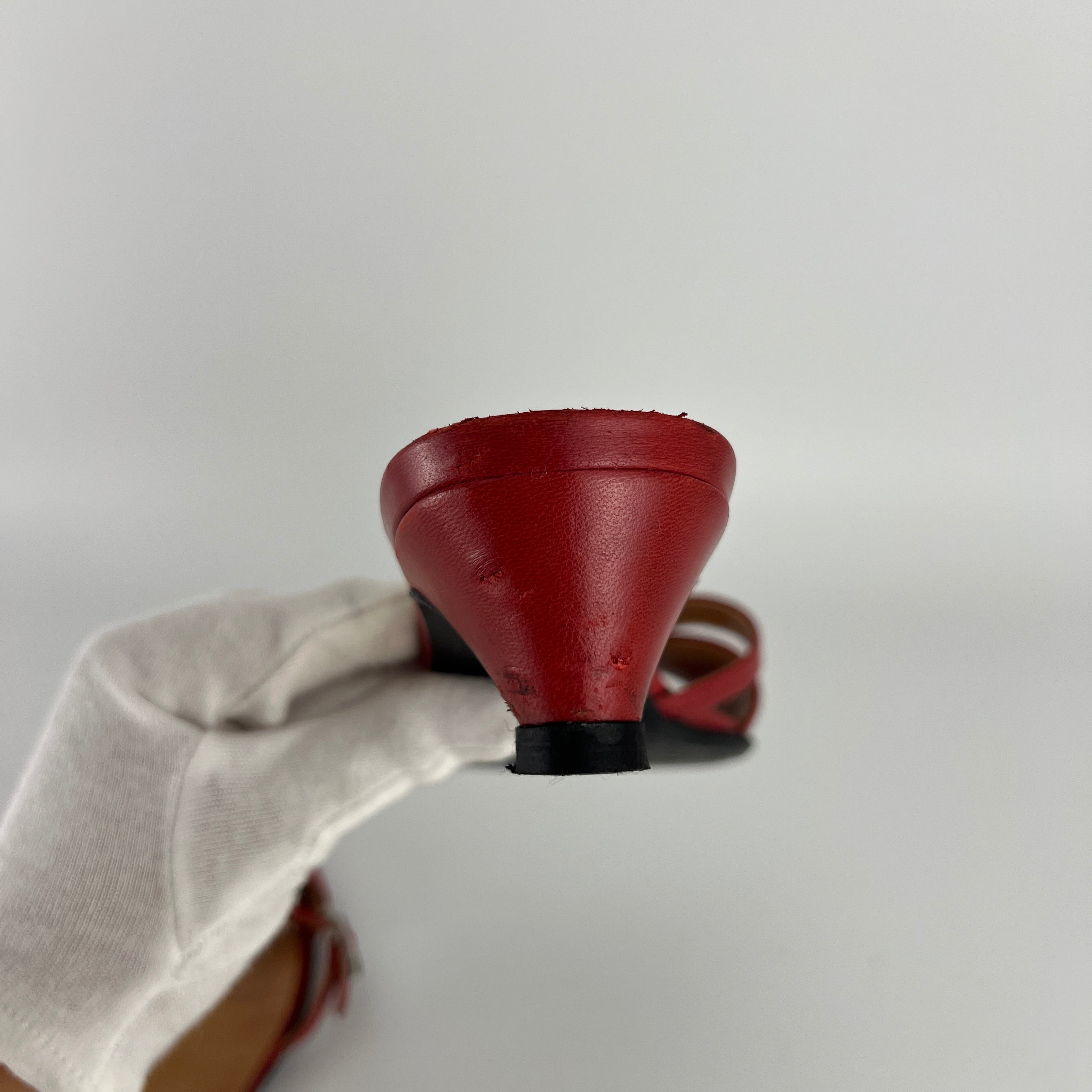 Hermes | Red Leather Silver H Buckle Kitten Heel Slide Mules (39)