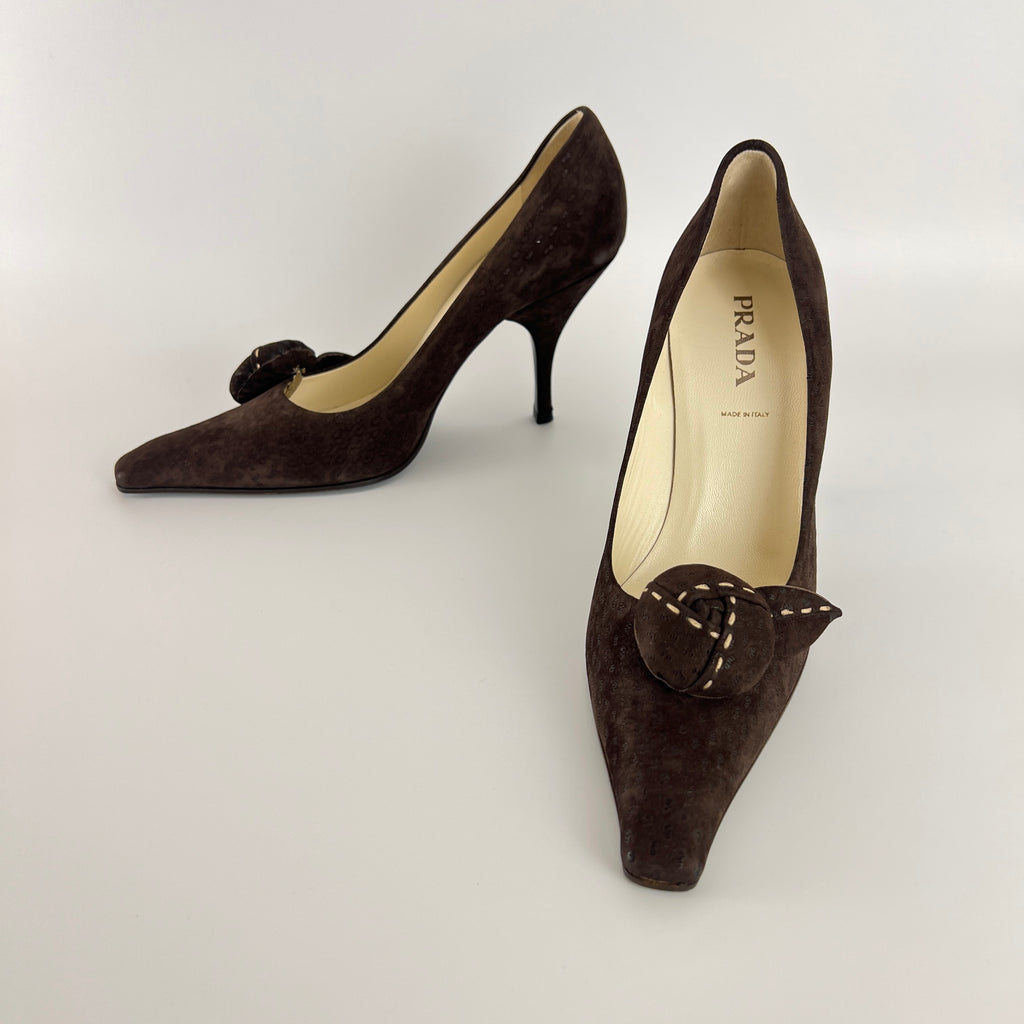Prada | Vintage Brown Suede Leather Rose Detachable Pointed Toe Pumps (37)
