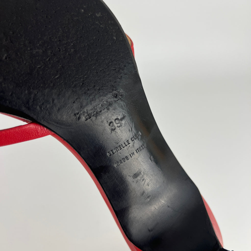 Hermes | Red Leather Silver H Buckle Kitten Heel Slide Mules (39)
