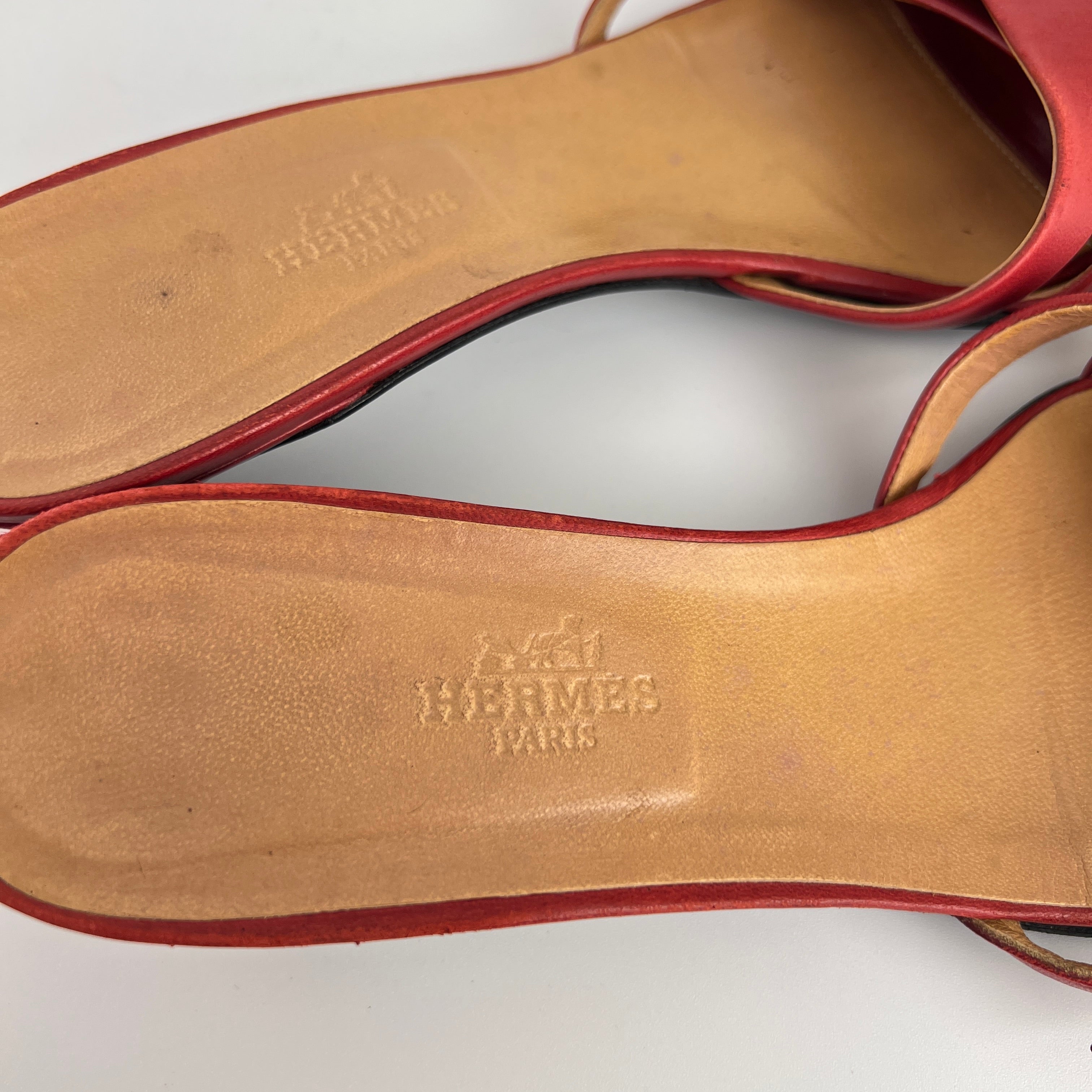 Hermes | Red Leather Silver H Buckle Kitten Heel Slide Mules (39)
