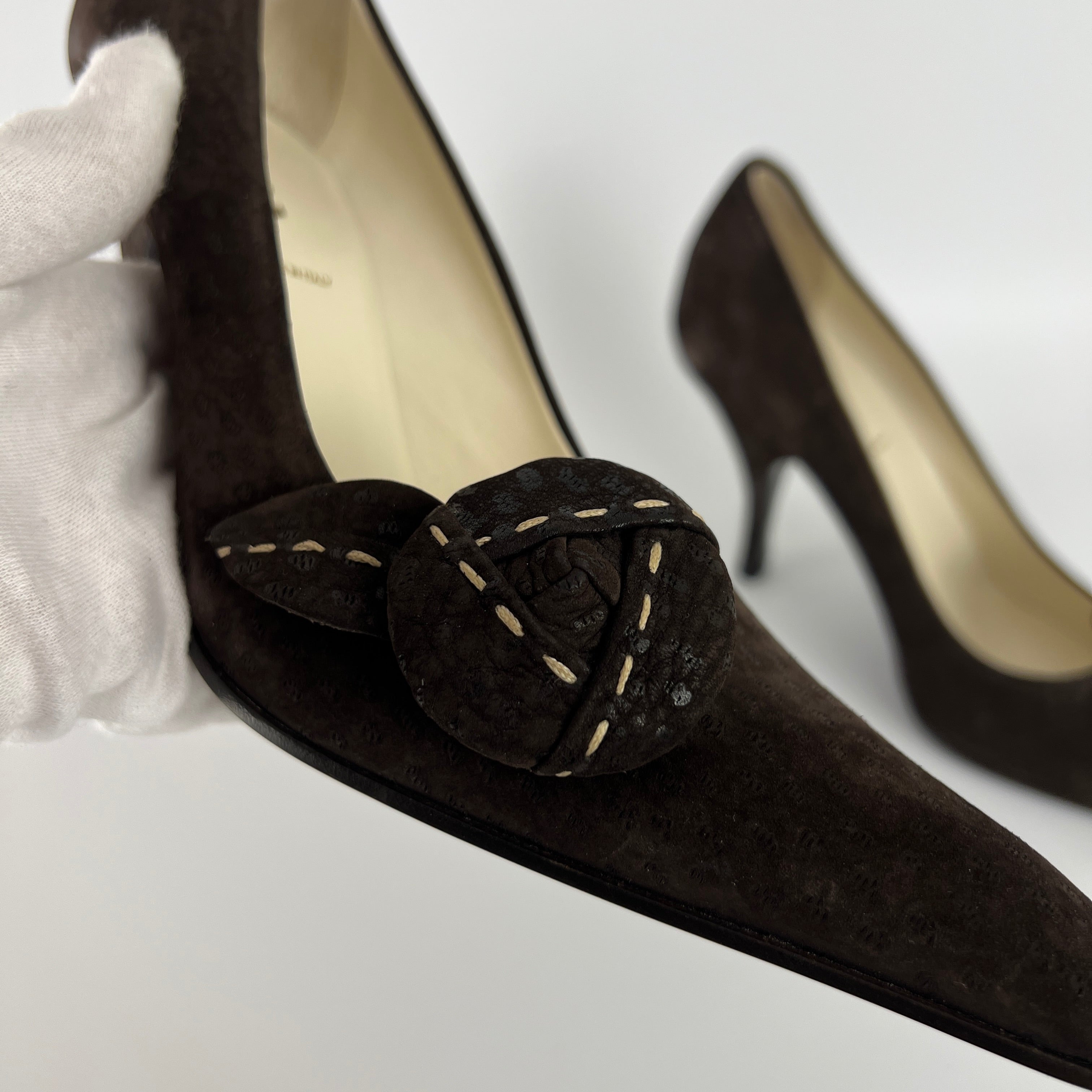 Prada | Vintage Brown Suede Leather Rose Detachable Pointed Toe Pumps (37)