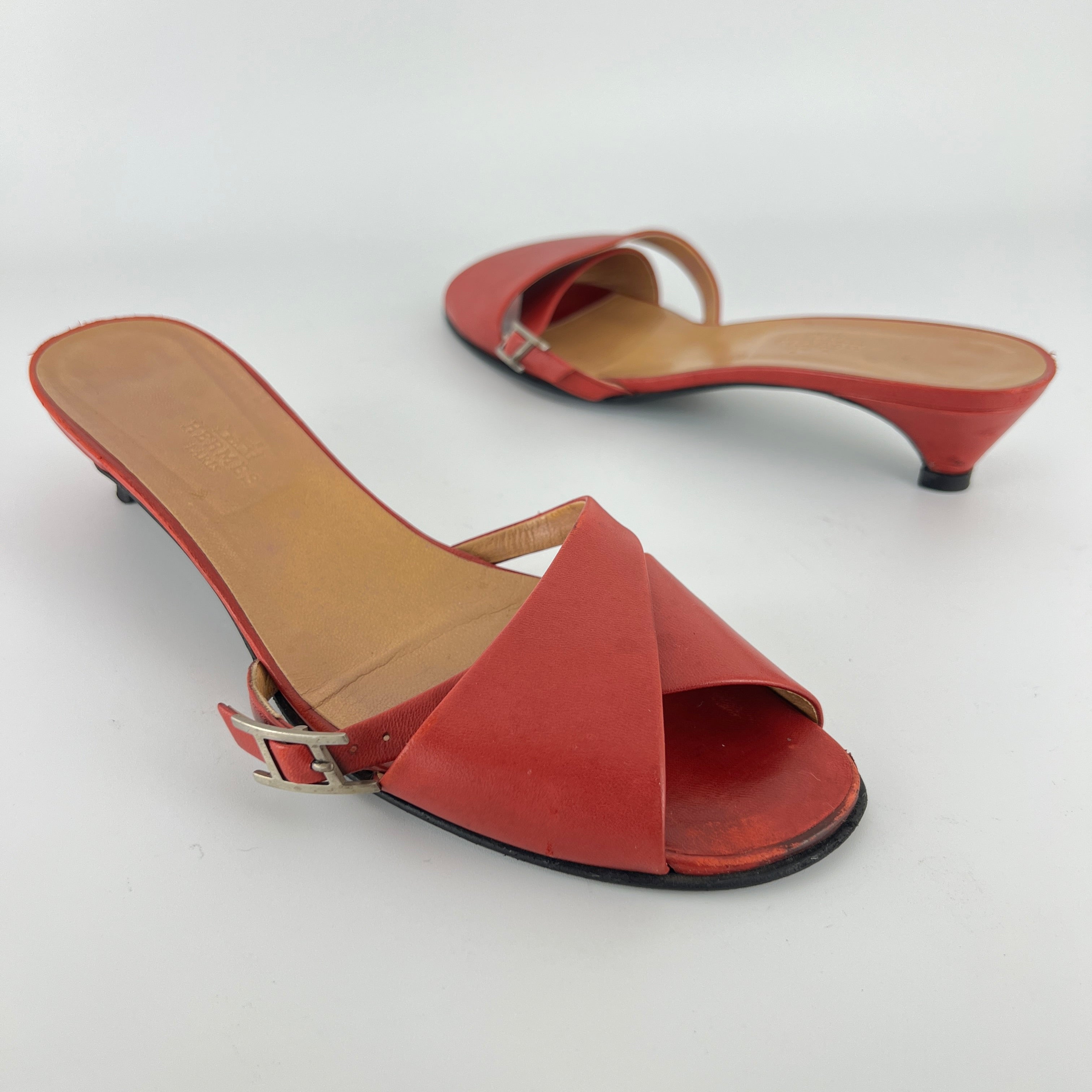 Hermes | Red Leather Silver H Buckle Kitten Heel Slide Mules (39)