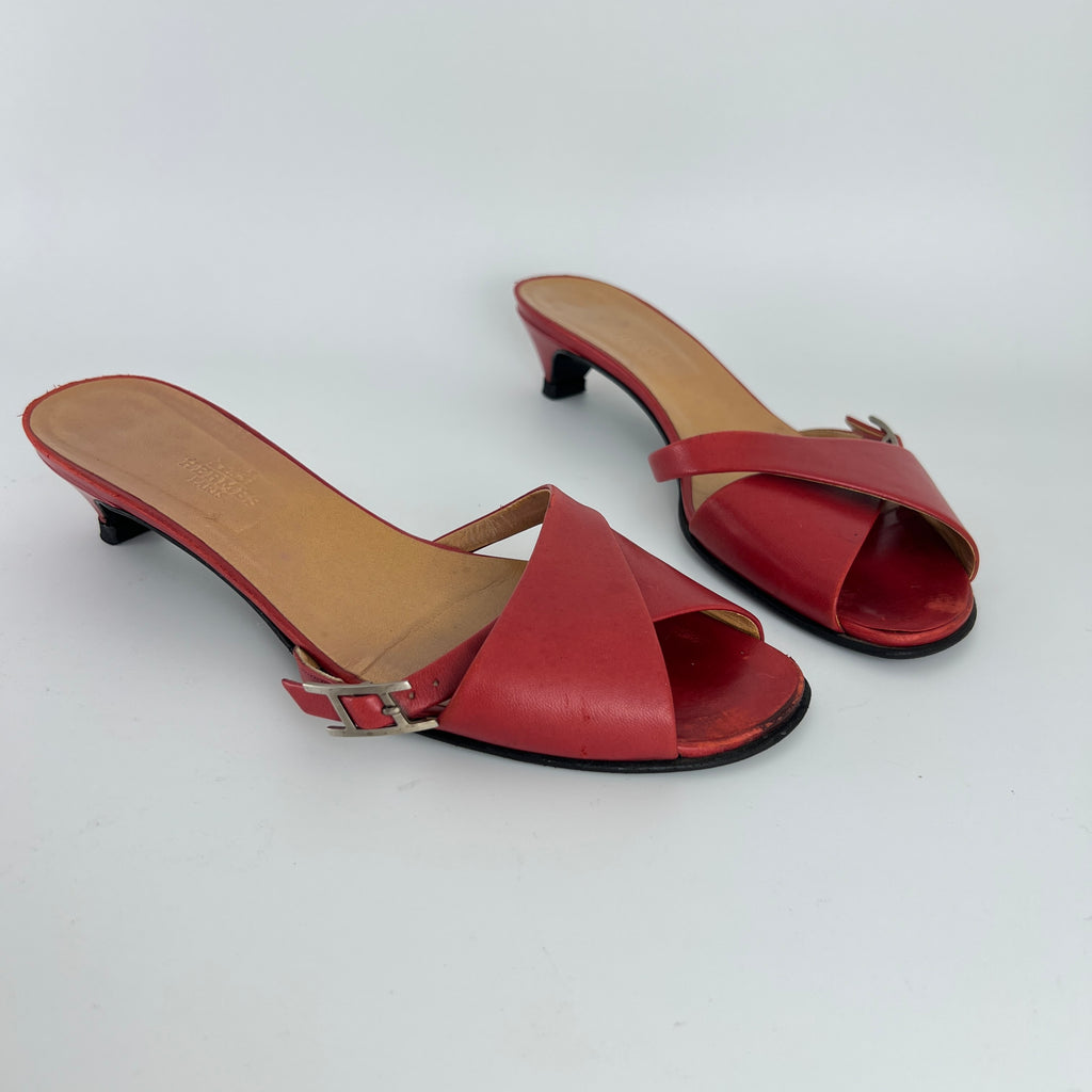 Hermes | Red Leather Silver H Buckle Kitten Heel Slide Mules (39)