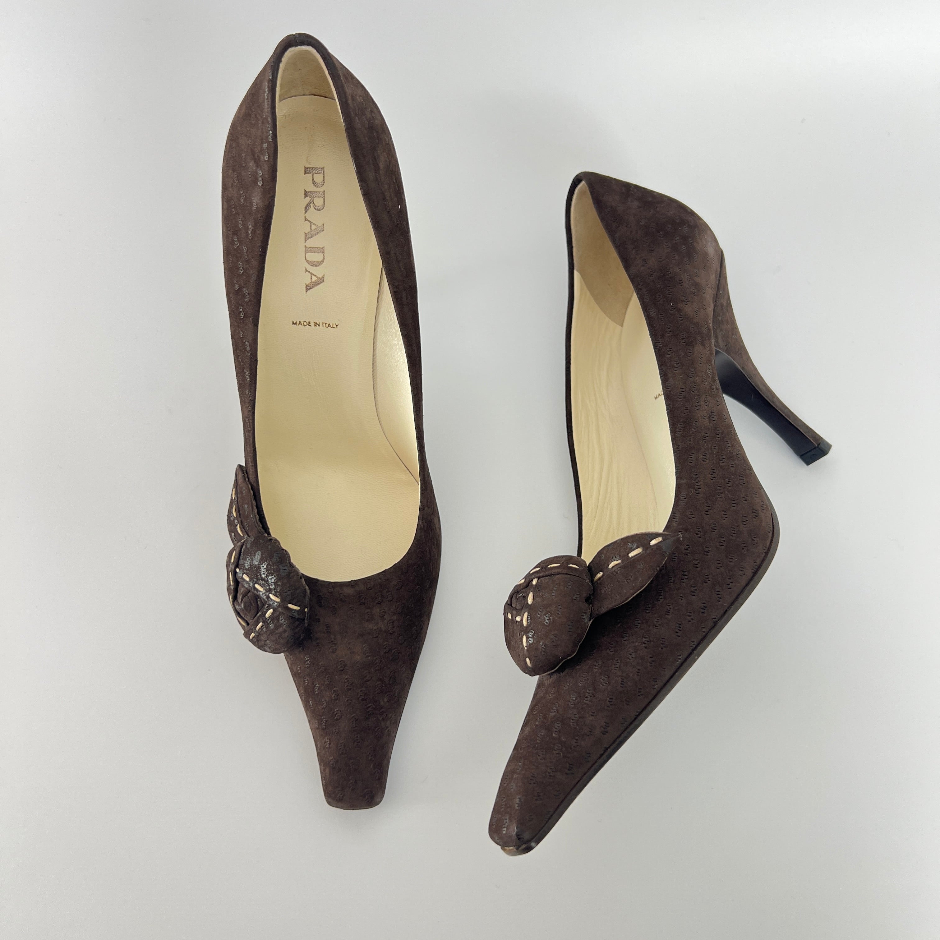 Prada | Vintage Brown Suede Leather Rose Detachable Pointed Toe Pumps (37)