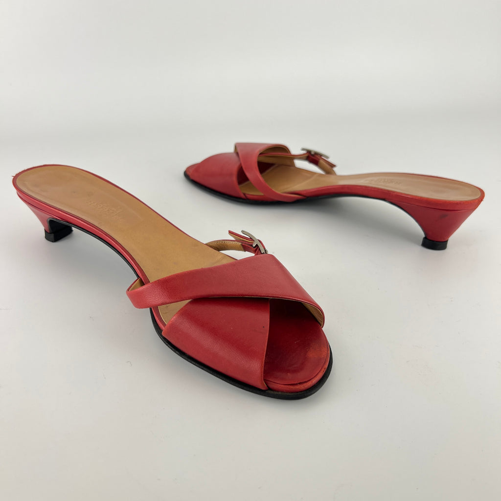 Hermes | Red Leather Silver H Buckle Kitten Heel Slide Mules (39)