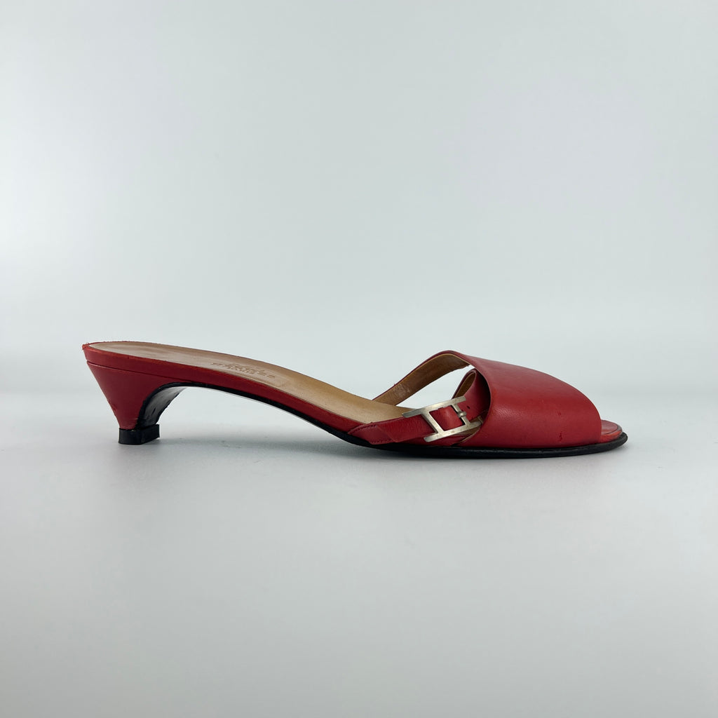 Hermes | Red Leather Silver H Buckle Kitten Heel Slide Mules (39)