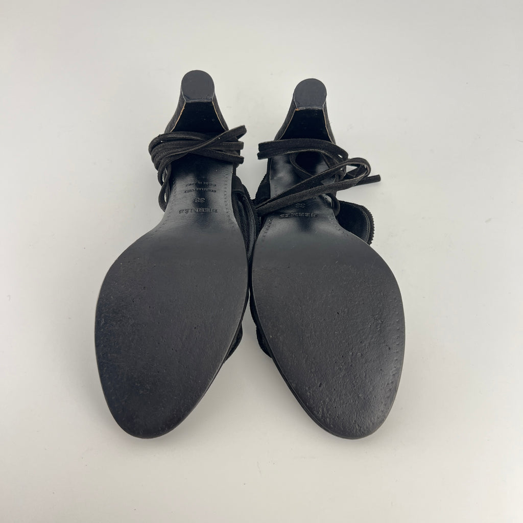 Hermes | Black Suede Leather Paisley Lace Up Sandal Heels (38)