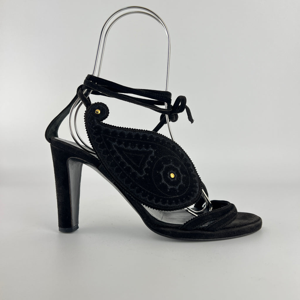 Hermes | Black Suede Leather Paisley Lace Up Sandal Heels (38)