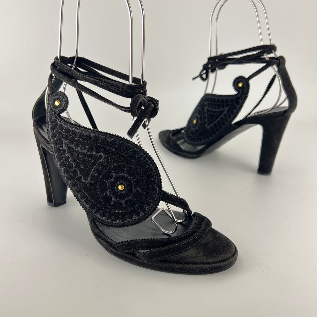 Hermes | Black Suede Leather Paisley Lace Up Sandal Heels (38)