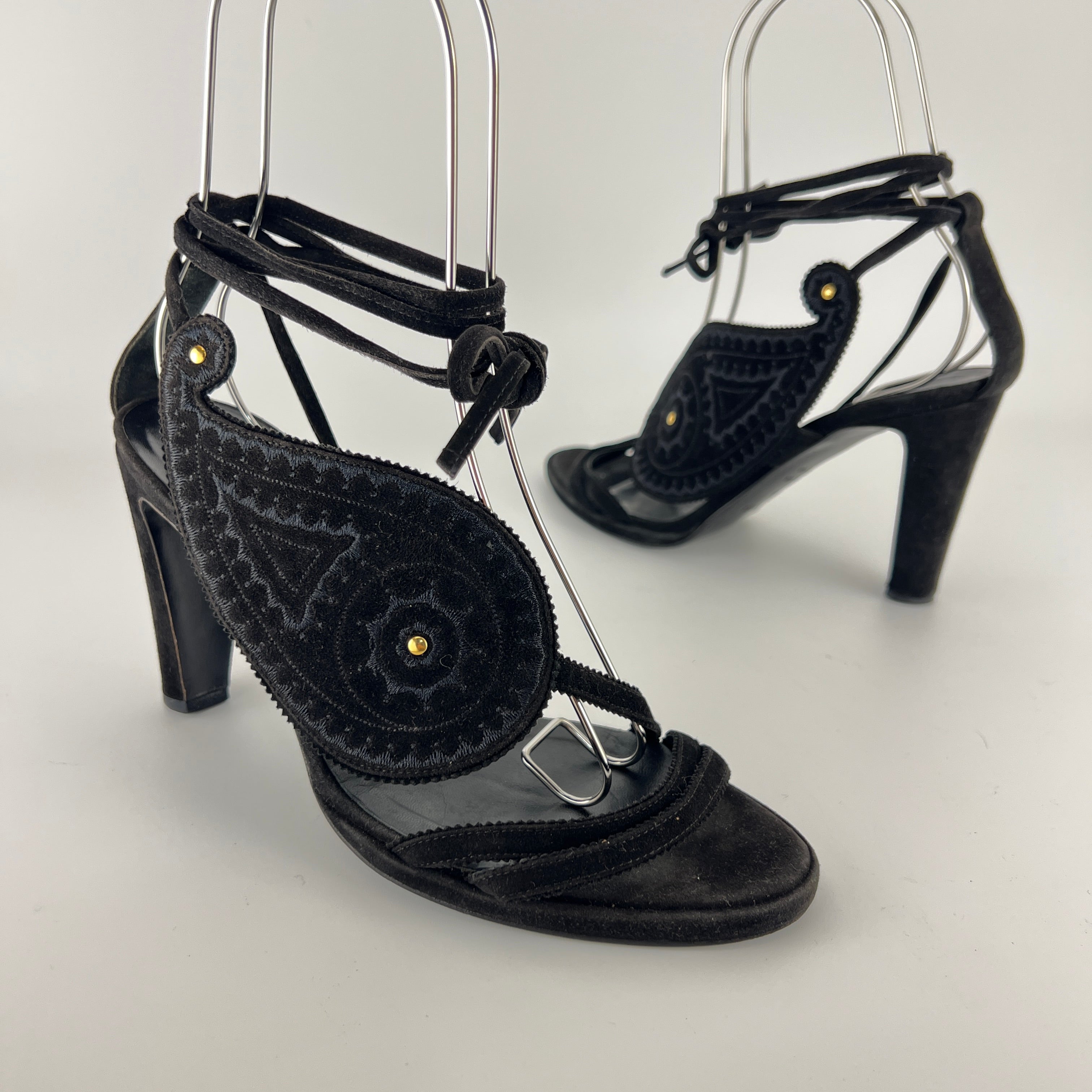 Hermes | Black Suede Leather Paisley Lace Up Sandal Heels (38)