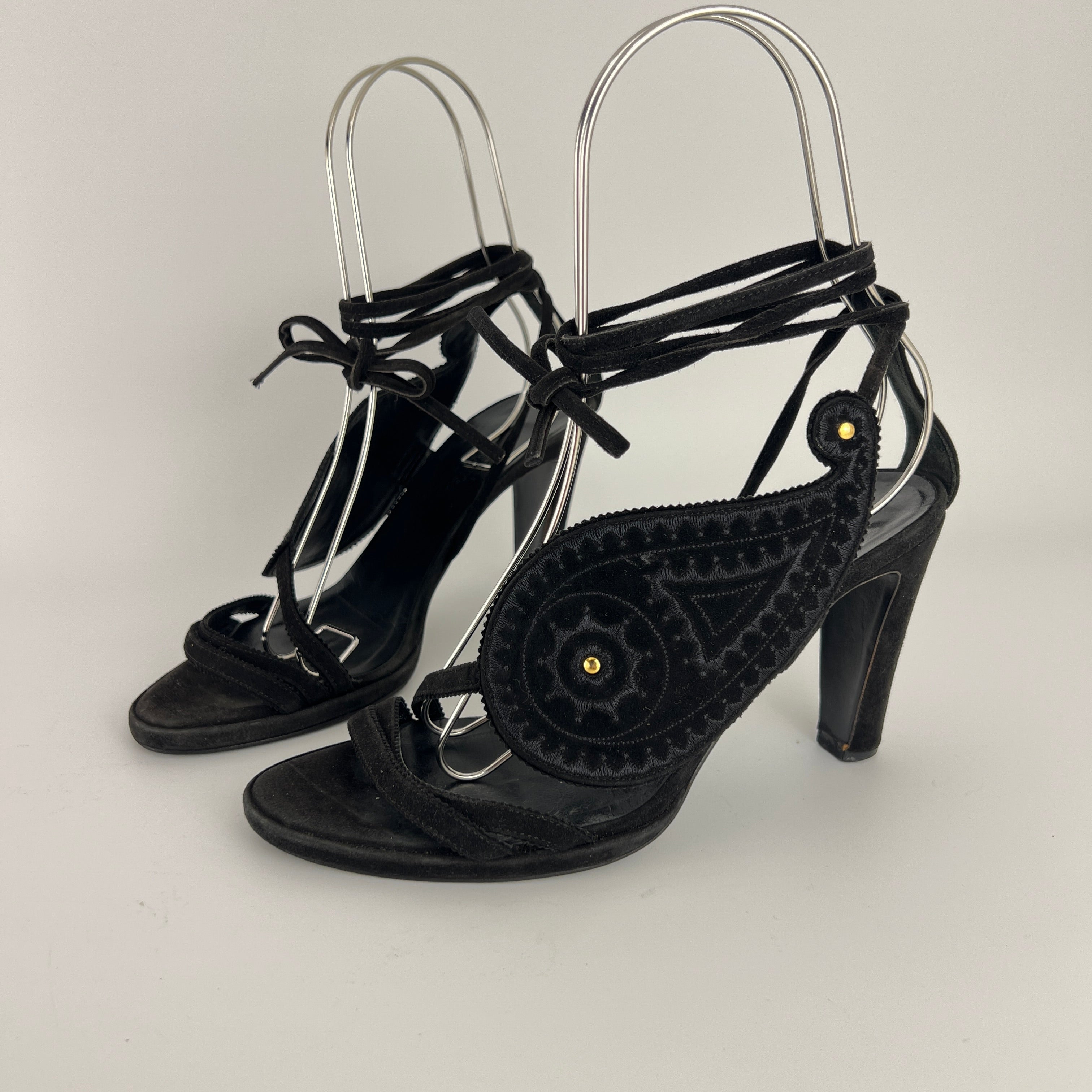Hermes | Black Suede Leather Paisley Lace Up Sandal Heels (38)