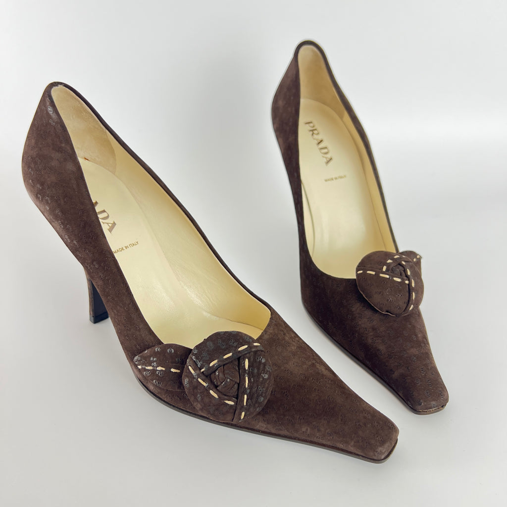 Prada | Vintage Brown Suede Leather Rose Detachable Pointed Toe Pumps (37)