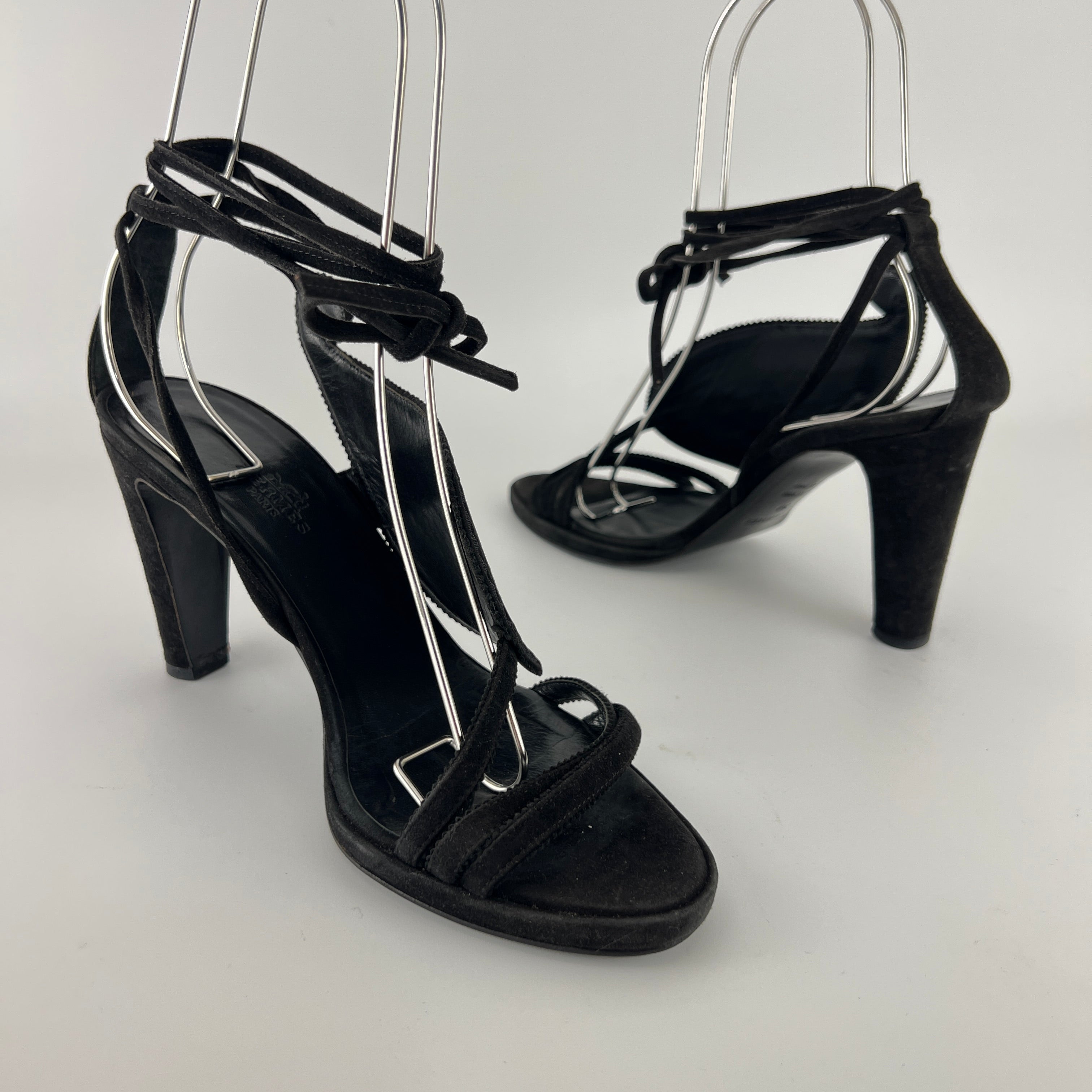 Hermes | Black Suede Leather Paisley Lace Up Sandal Heels (38)