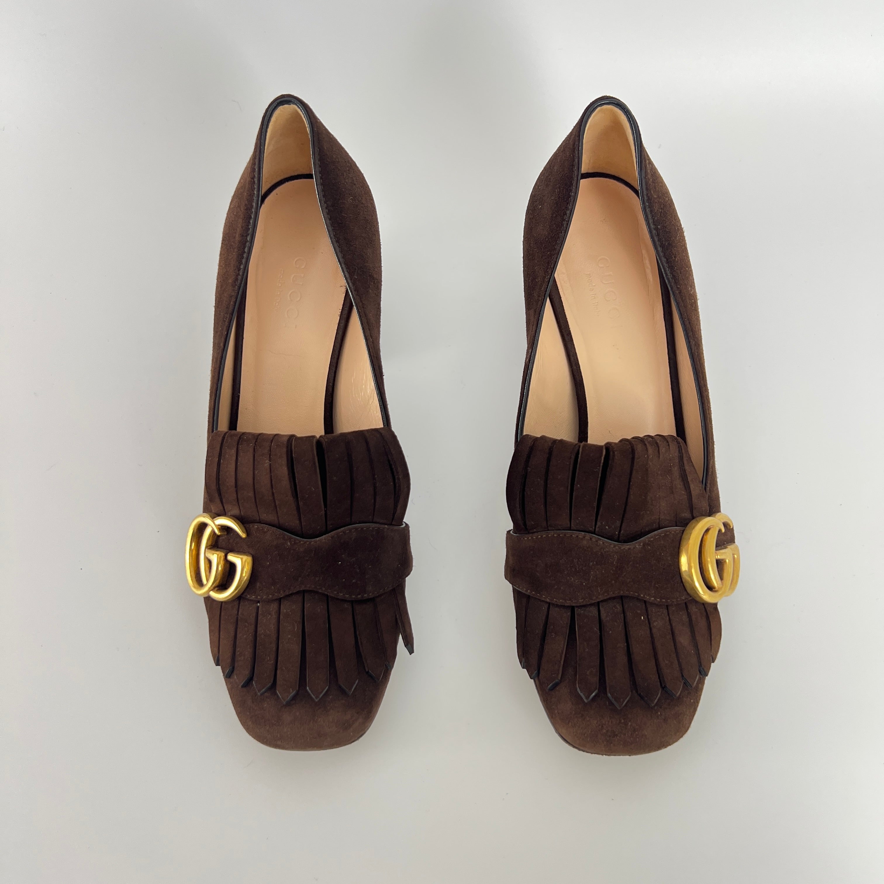 Gucci | Brown Marmont Suede Leather GG Logo Fringe Loafer Block Heel (35.5)