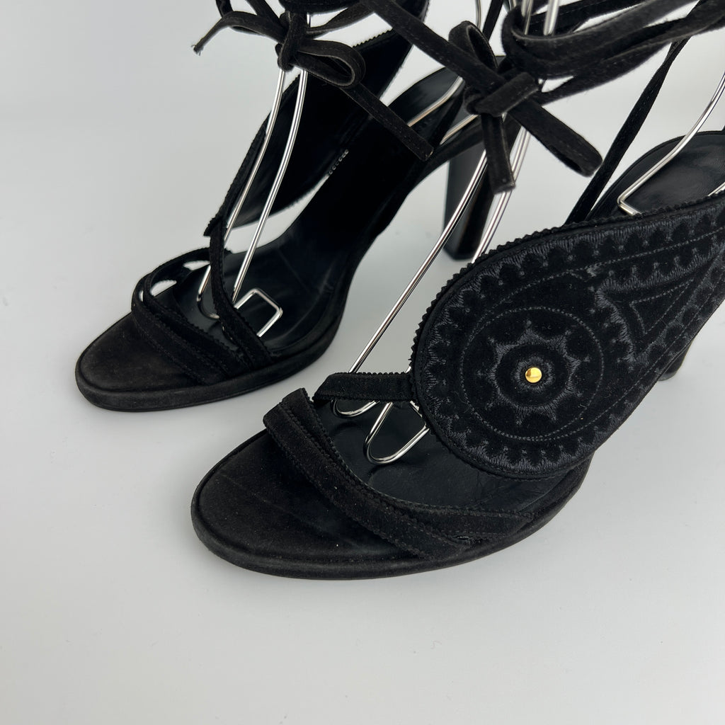 Hermes | Black Suede Leather Paisley Lace Up Sandal Heels (38)