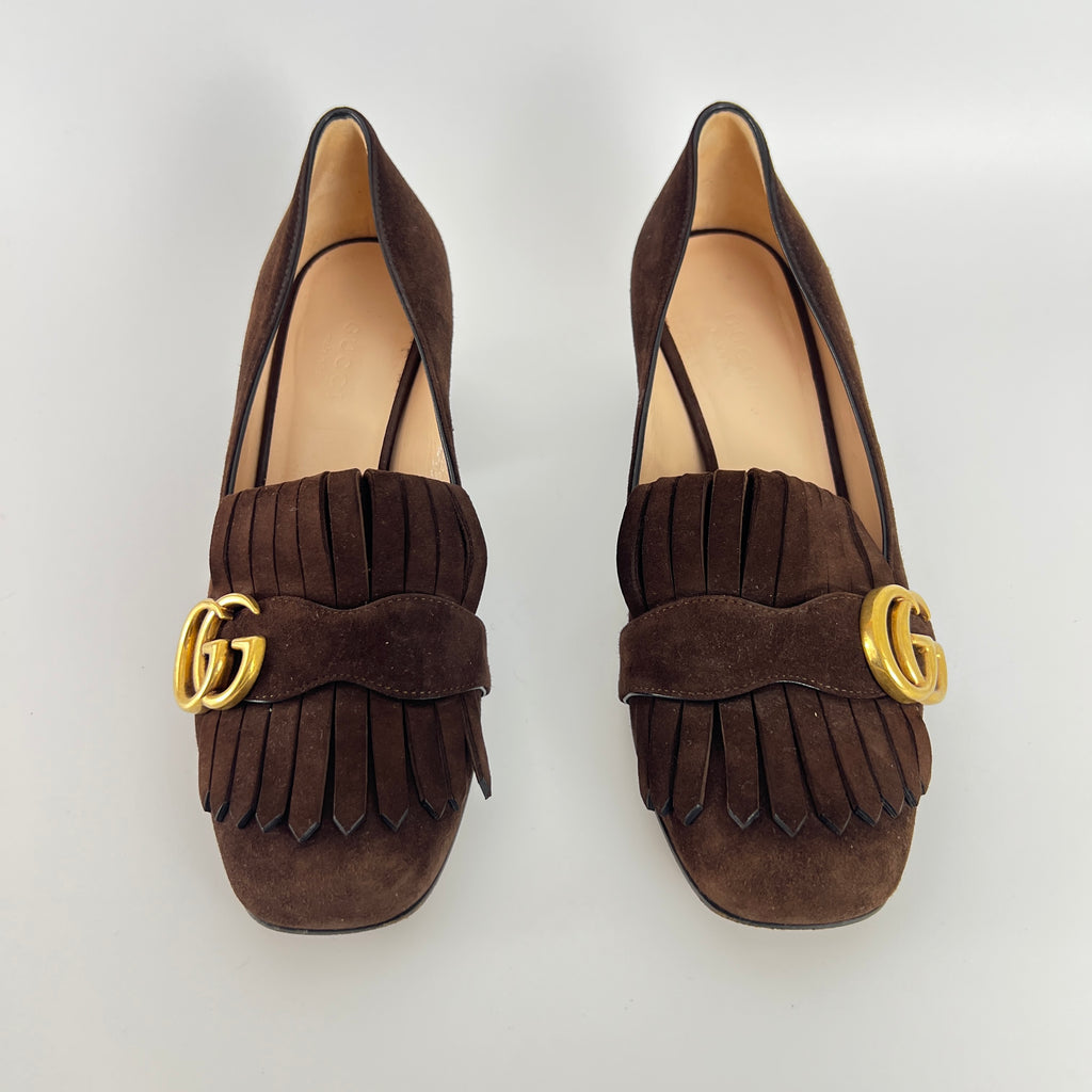 Gucci | Brown Marmont Suede Leather GG Logo Fringe Loafer Block Heel (35.5)