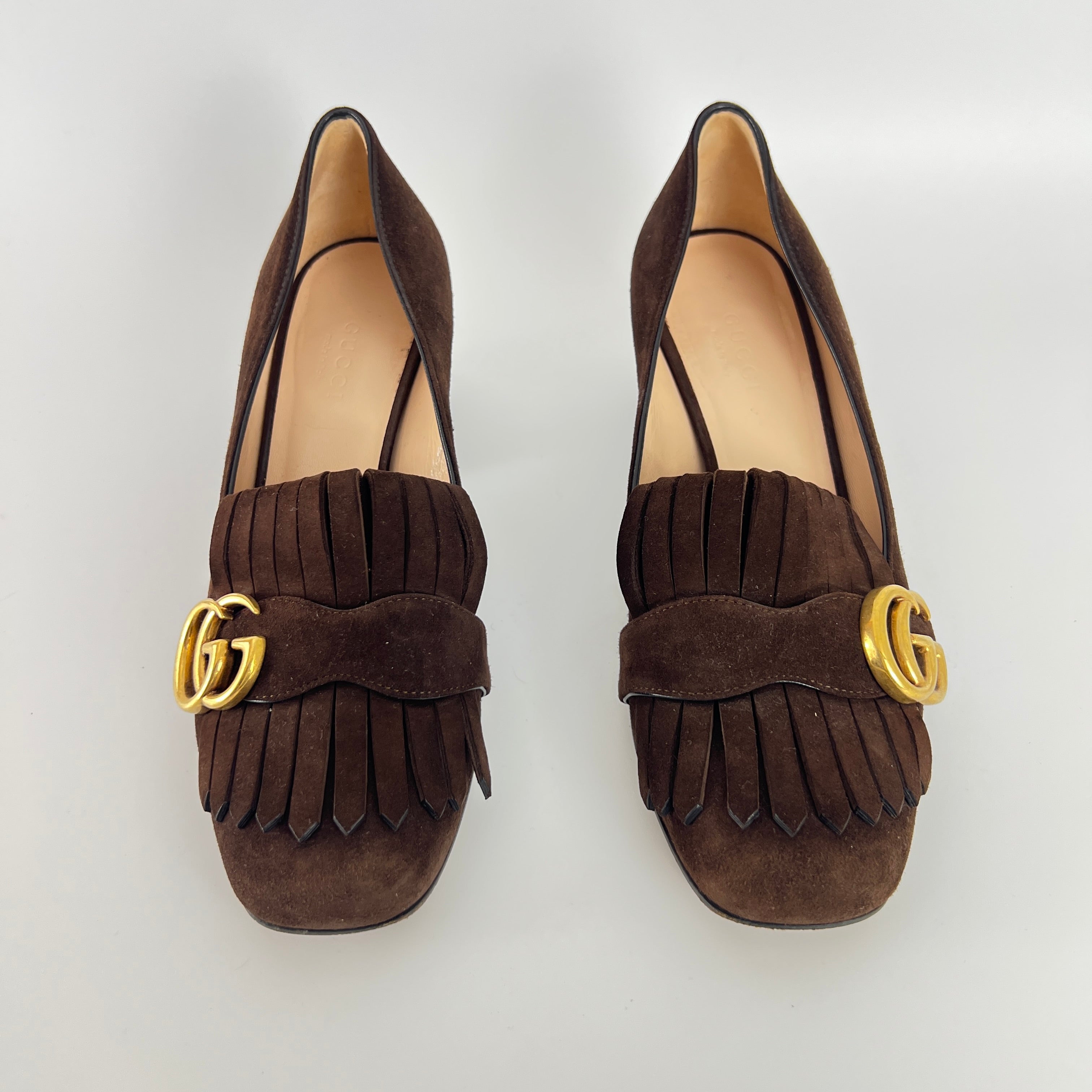 Gucci | Brown Marmont Suede Leather GG Logo Fringe Loafer Block Heel (35.5)