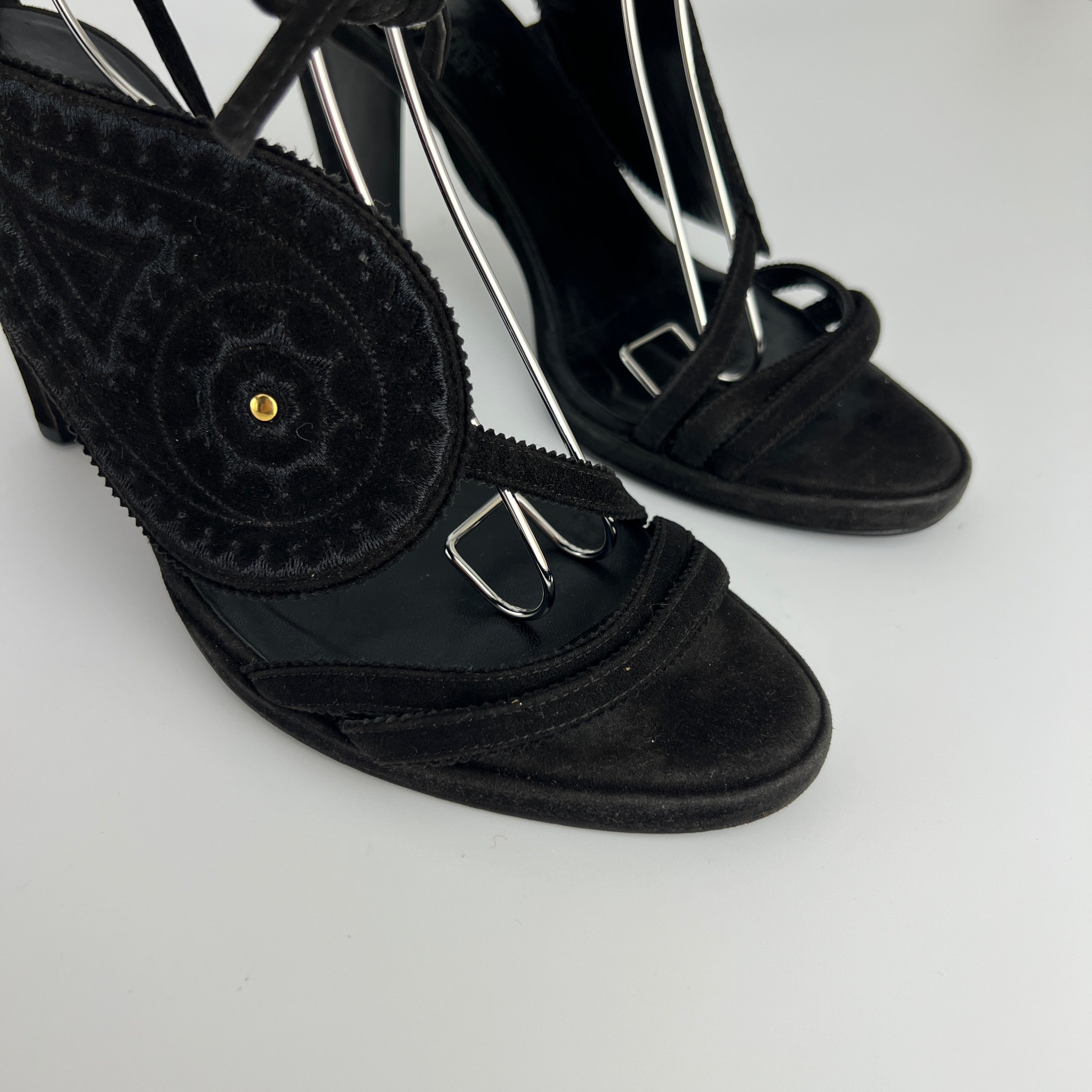 Hermes | Black Suede Leather Paisley Lace Up Sandal Heels (38)