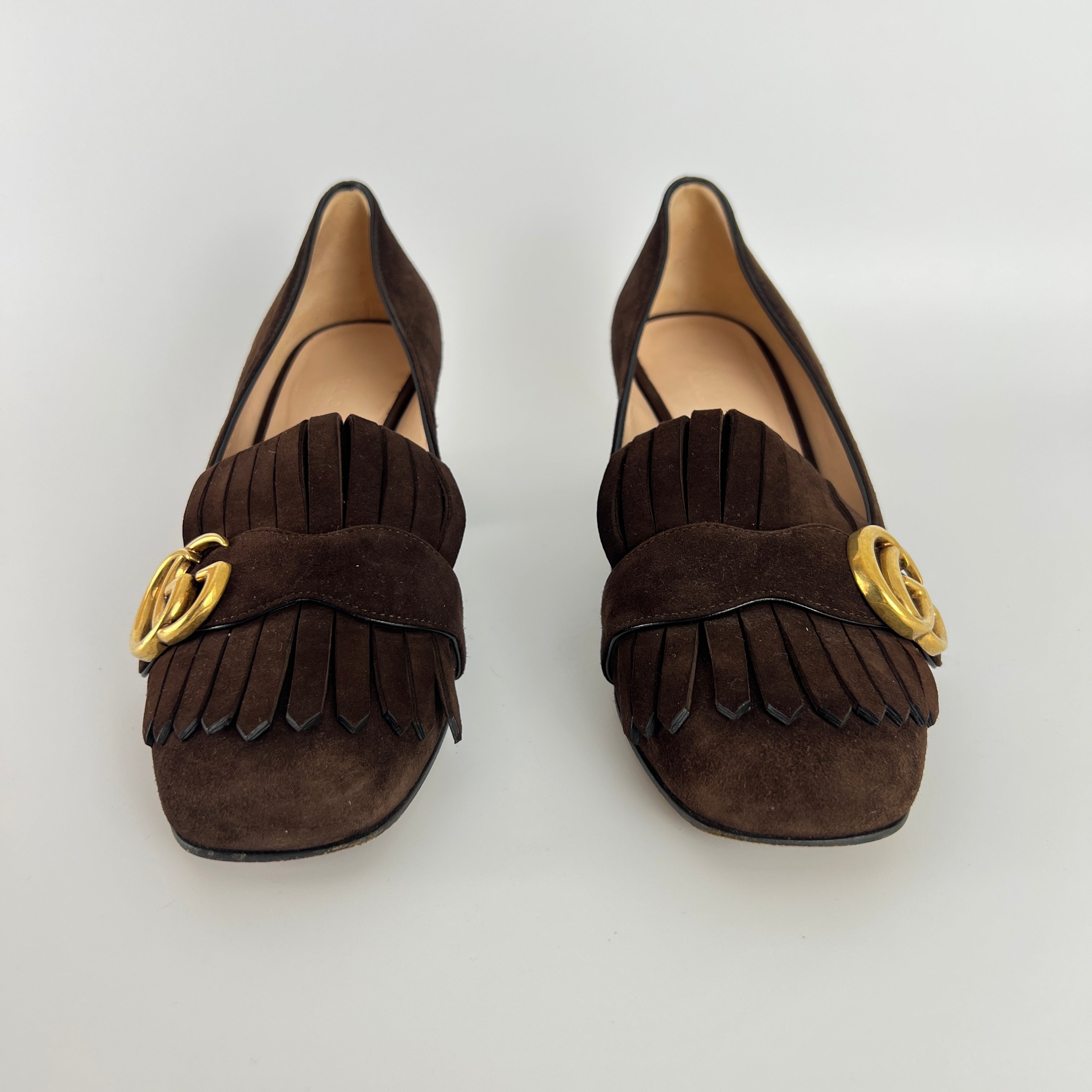 Gucci | Brown Marmont Suede Leather GG Logo Fringe Loafer Block Heel (35.5)