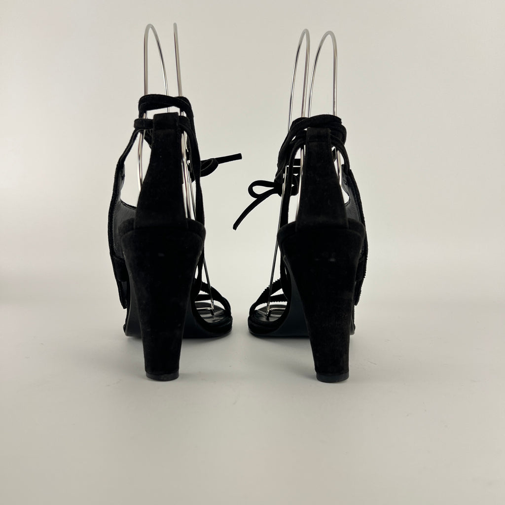 Hermes | Black Suede Leather Paisley Lace Up Sandal Heels (38)