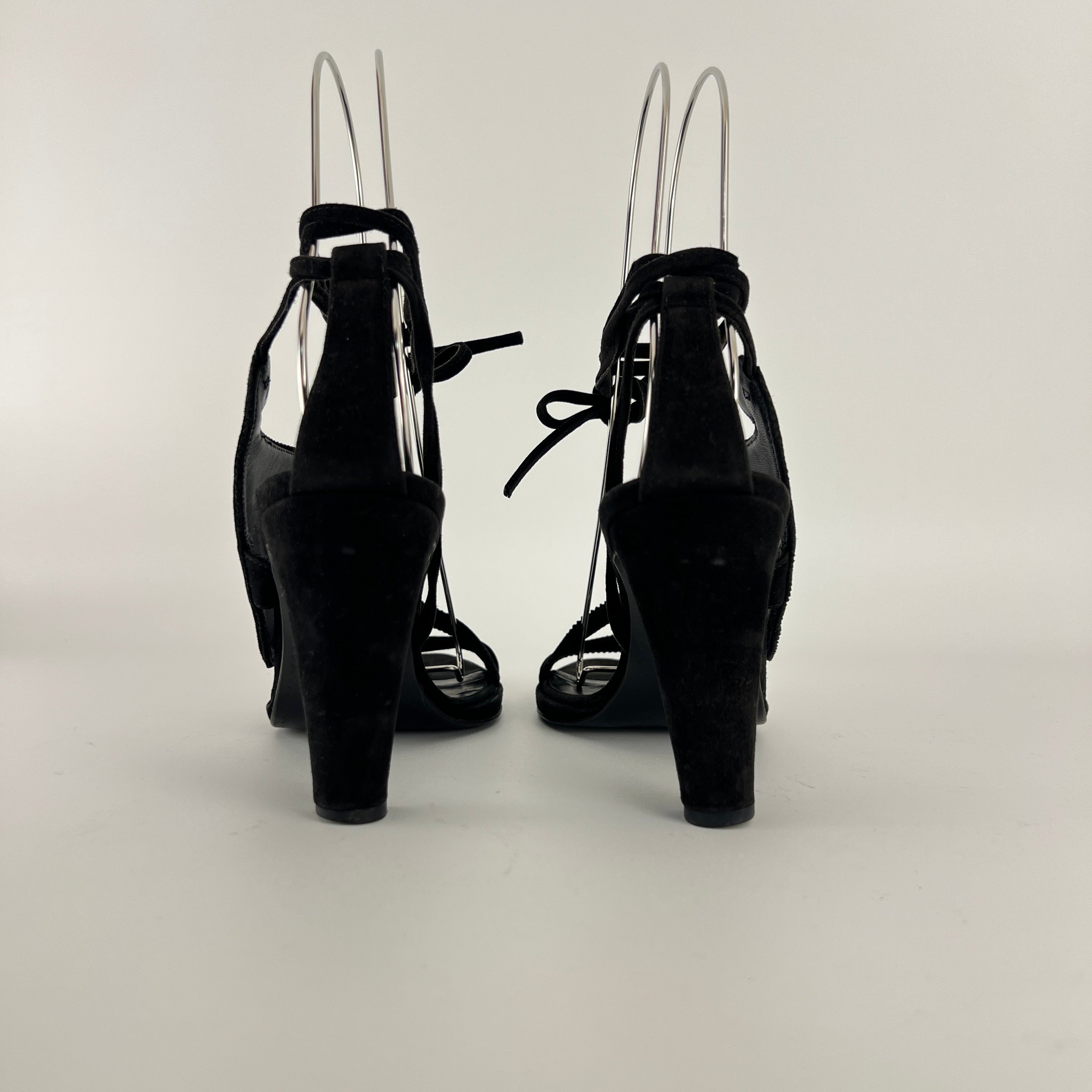 Hermes | Black Suede Leather Paisley Lace Up Sandal Heels (38)