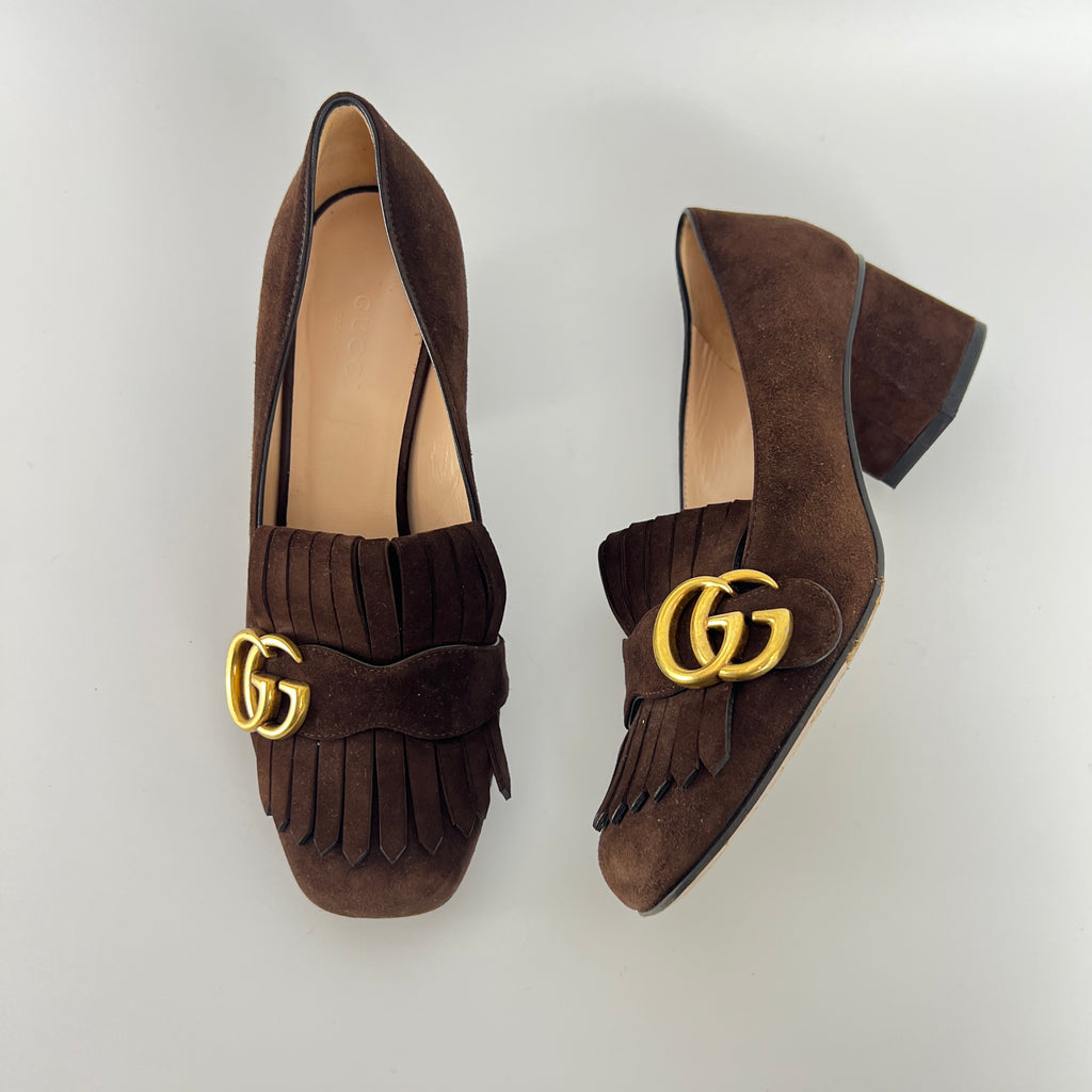 Gucci | Brown Marmont Suede Leather GG Logo Fringe Loafer Block Heel (35.5)
