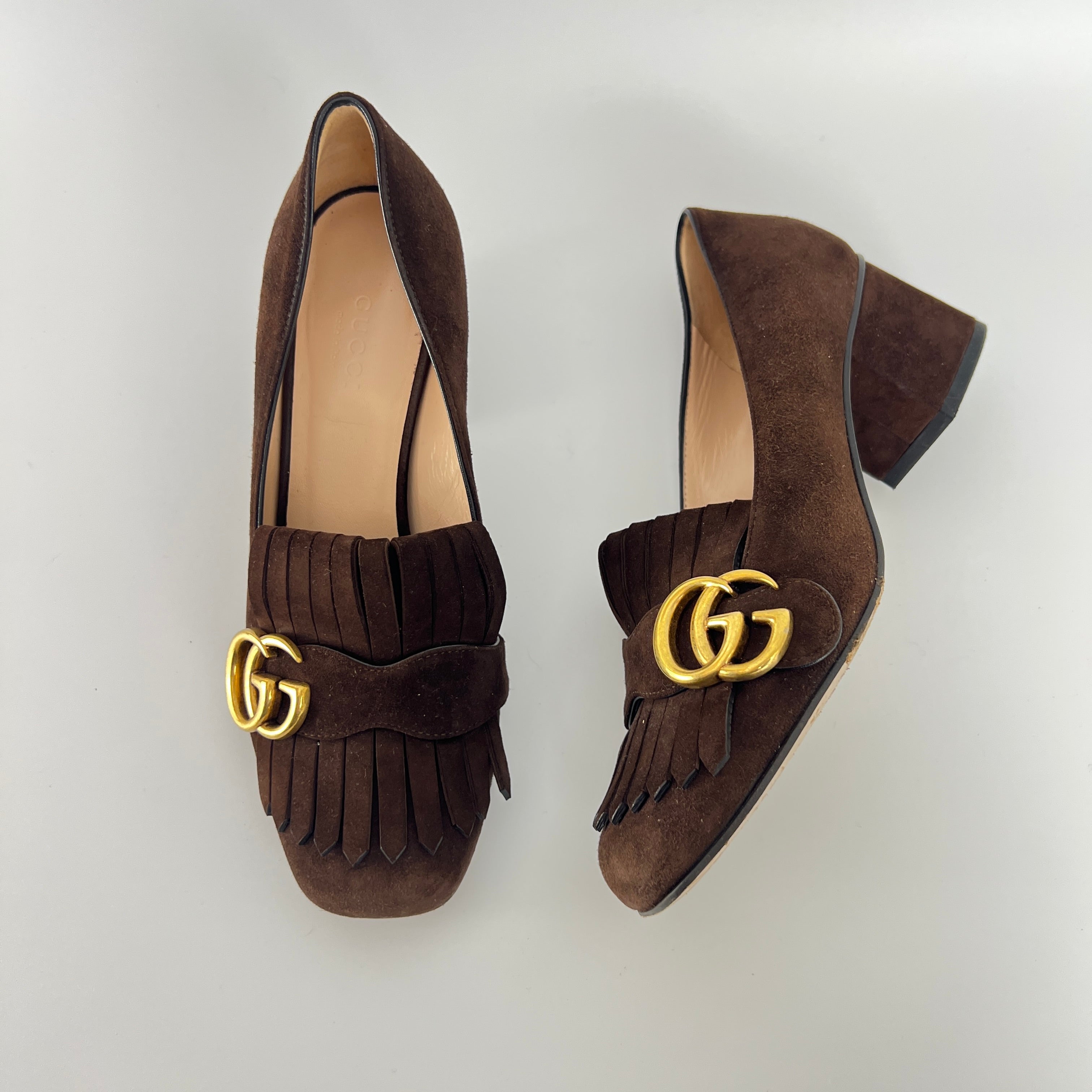 Gucci | Brown Marmont Suede Leather GG Logo Fringe Loafer Block Heel (35.5)