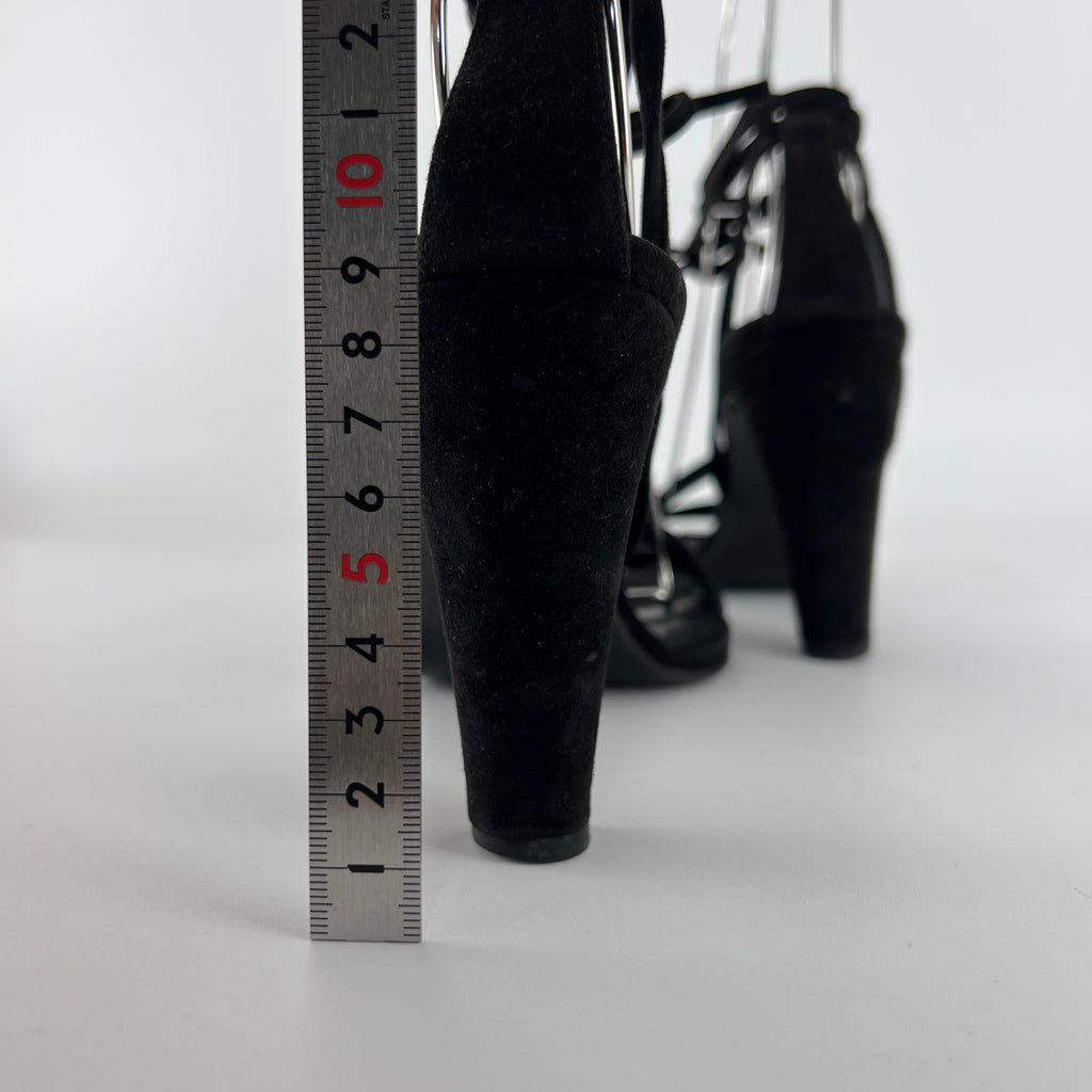 Hermes | Black Suede Leather Paisley Lace Up Sandal Heels (38)