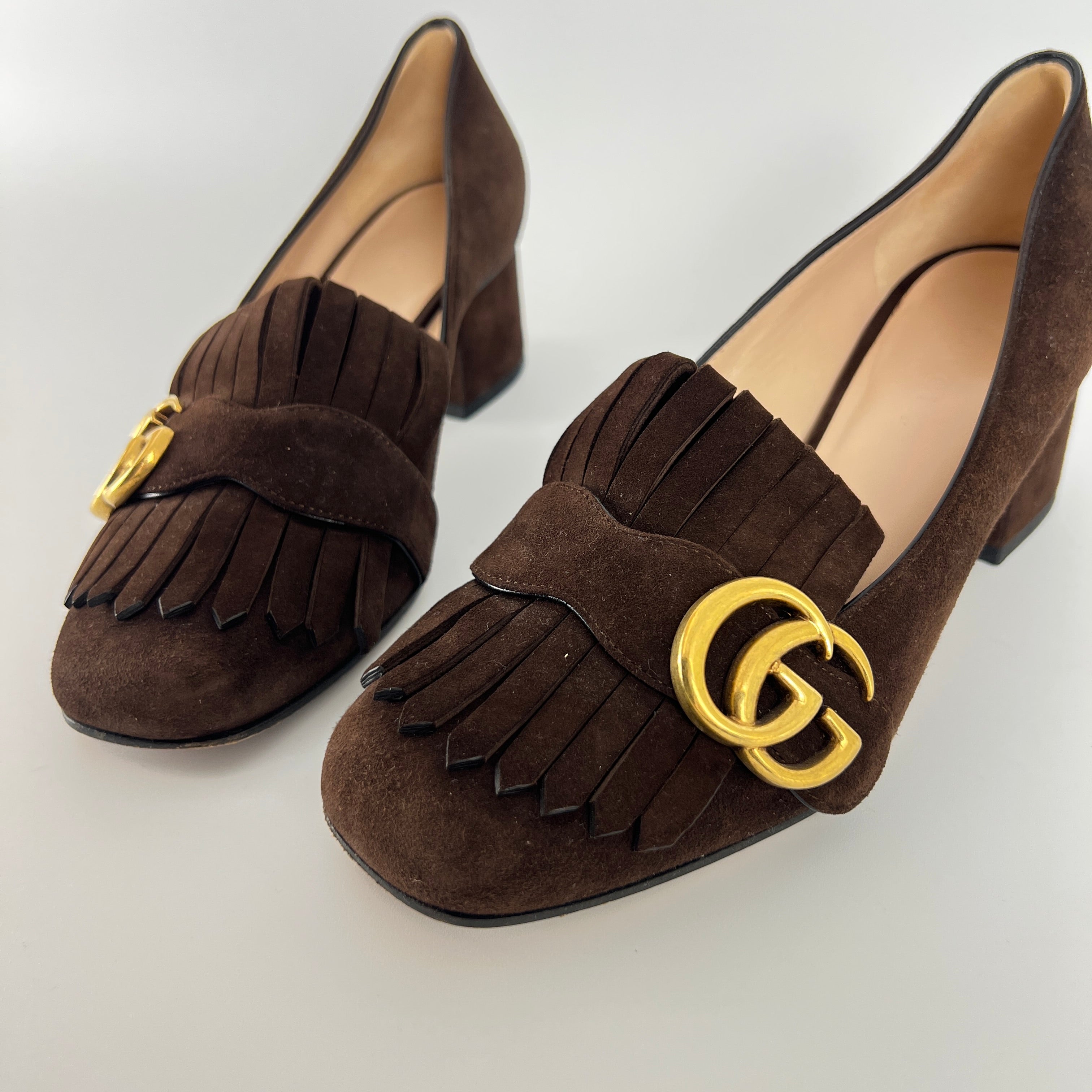 Gucci | Brown Marmont Suede Leather GG Logo Fringe Loafer Block Heel (35.5)