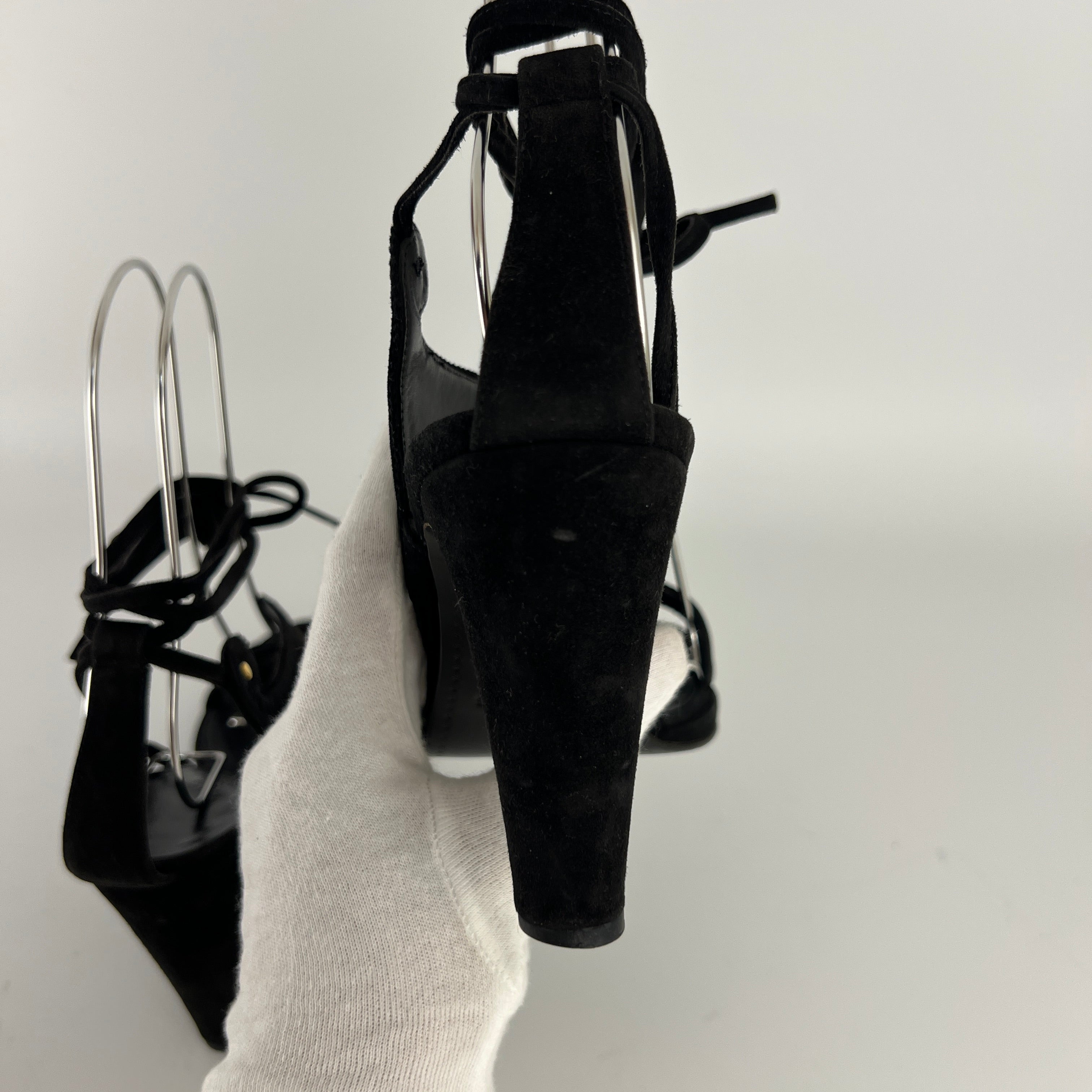 Hermes | Black Suede Leather Paisley Lace Up Sandal Heels (38)