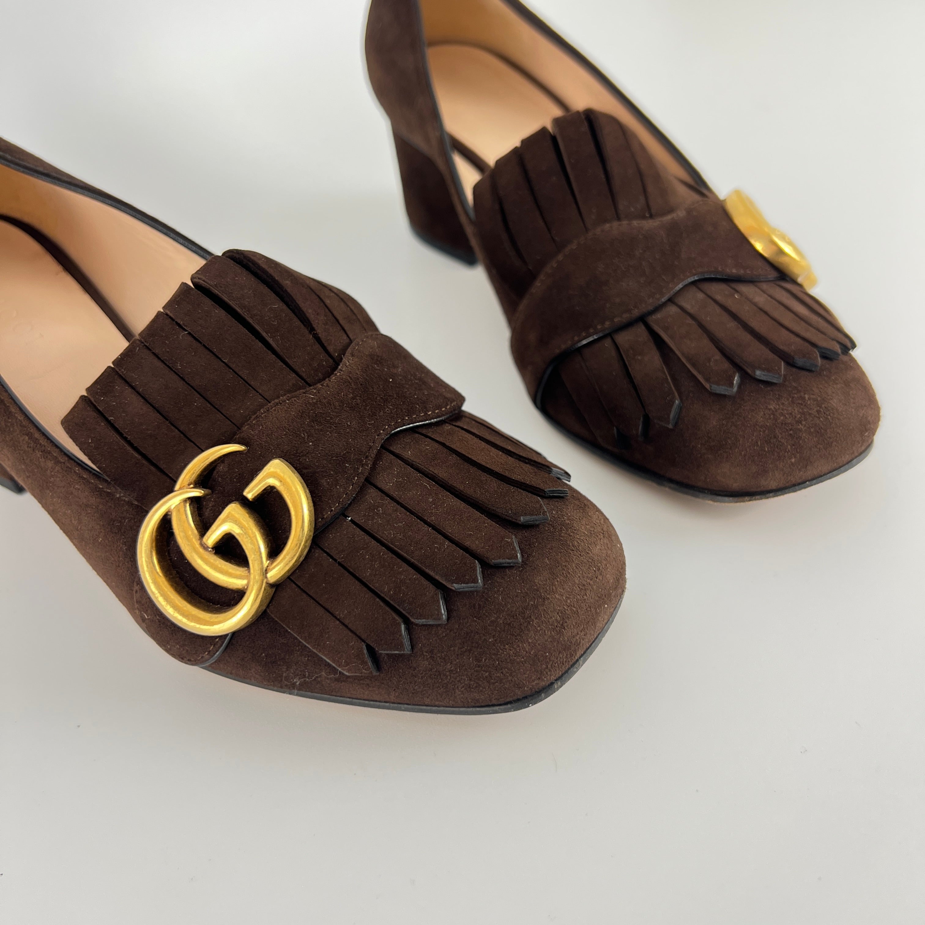 Gucci | Brown Marmont Suede Leather GG Logo Fringe Loafer Block Heel (35.5)