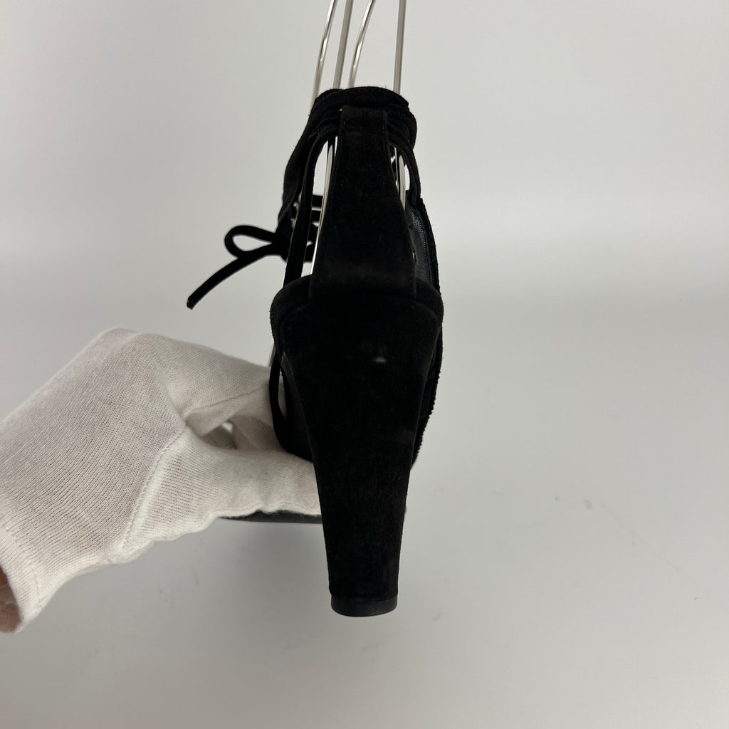 Hermes | Black Suede Leather Paisley Lace Up Sandal Heels (38)
