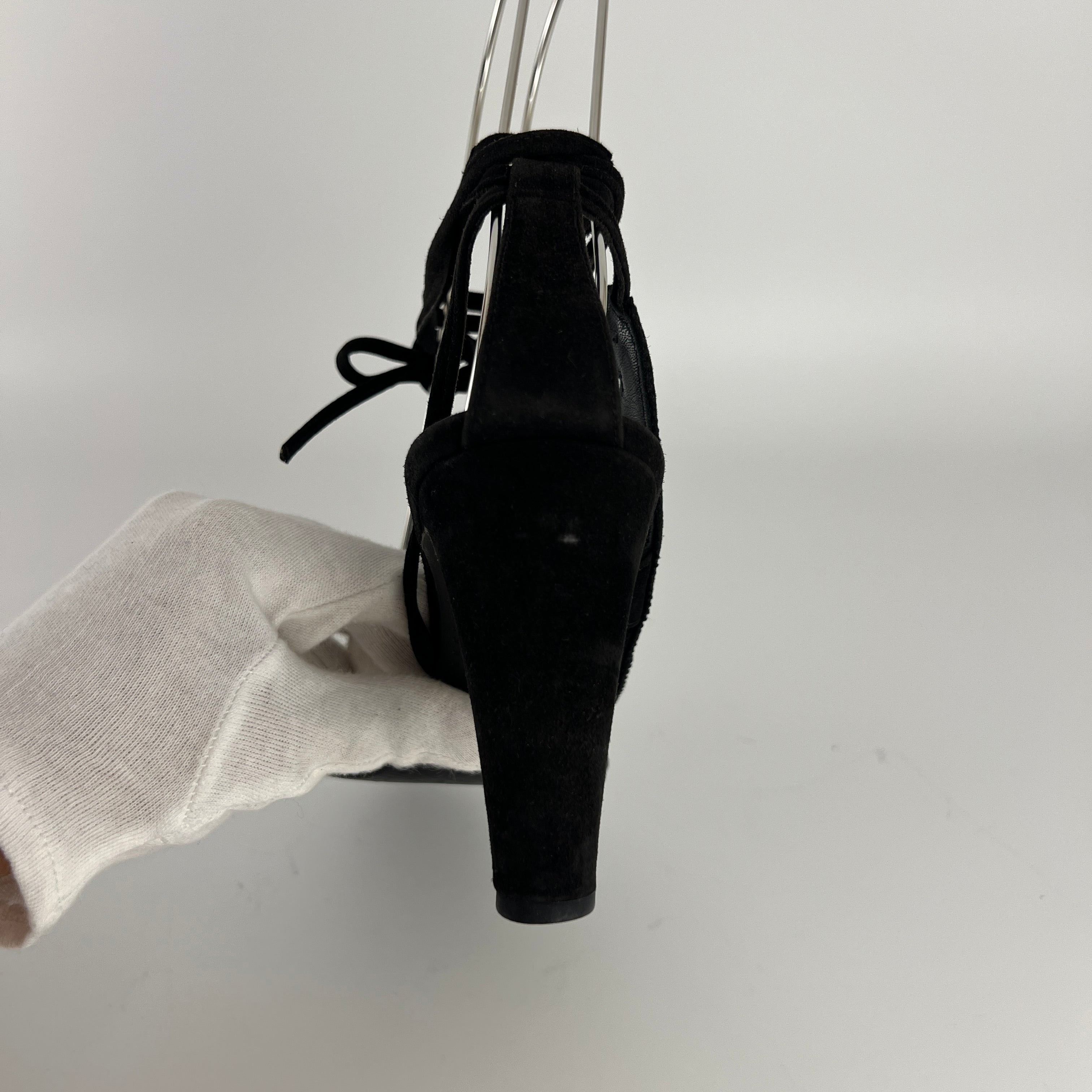 Hermes | Black Suede Leather Paisley Lace Up Sandal Heels (38)