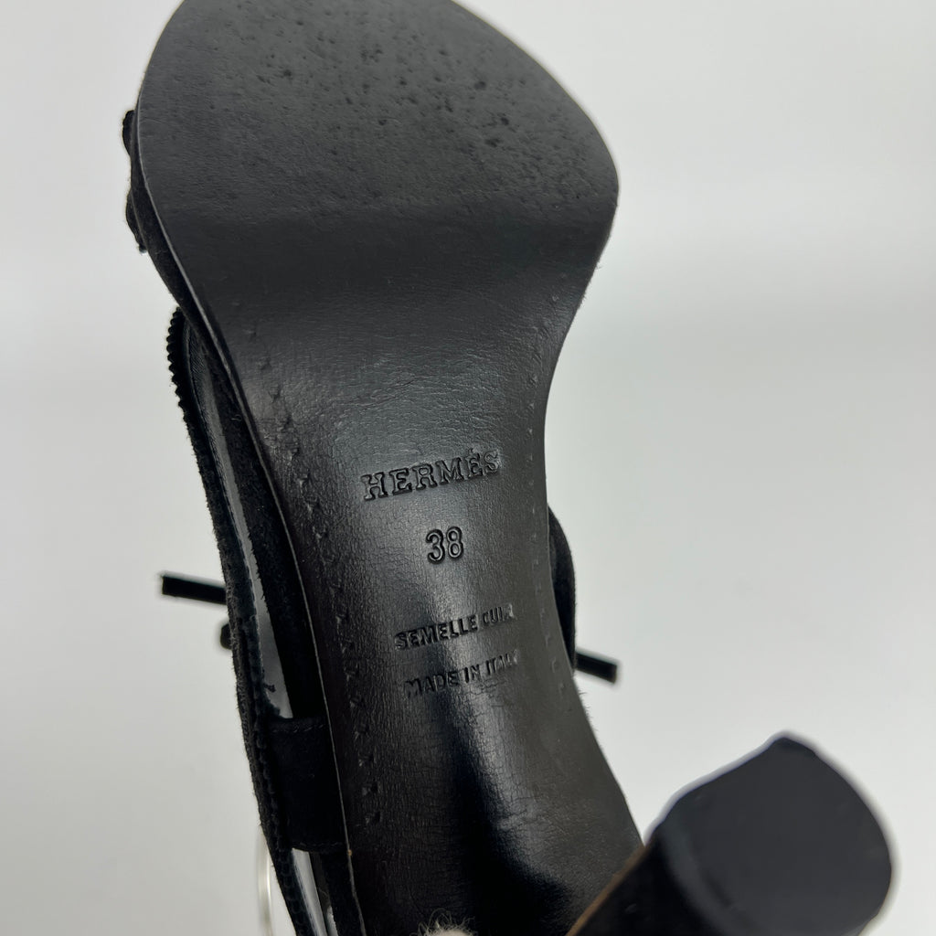 Hermes | Black Suede Leather Paisley Lace Up Sandal Heels (38)
